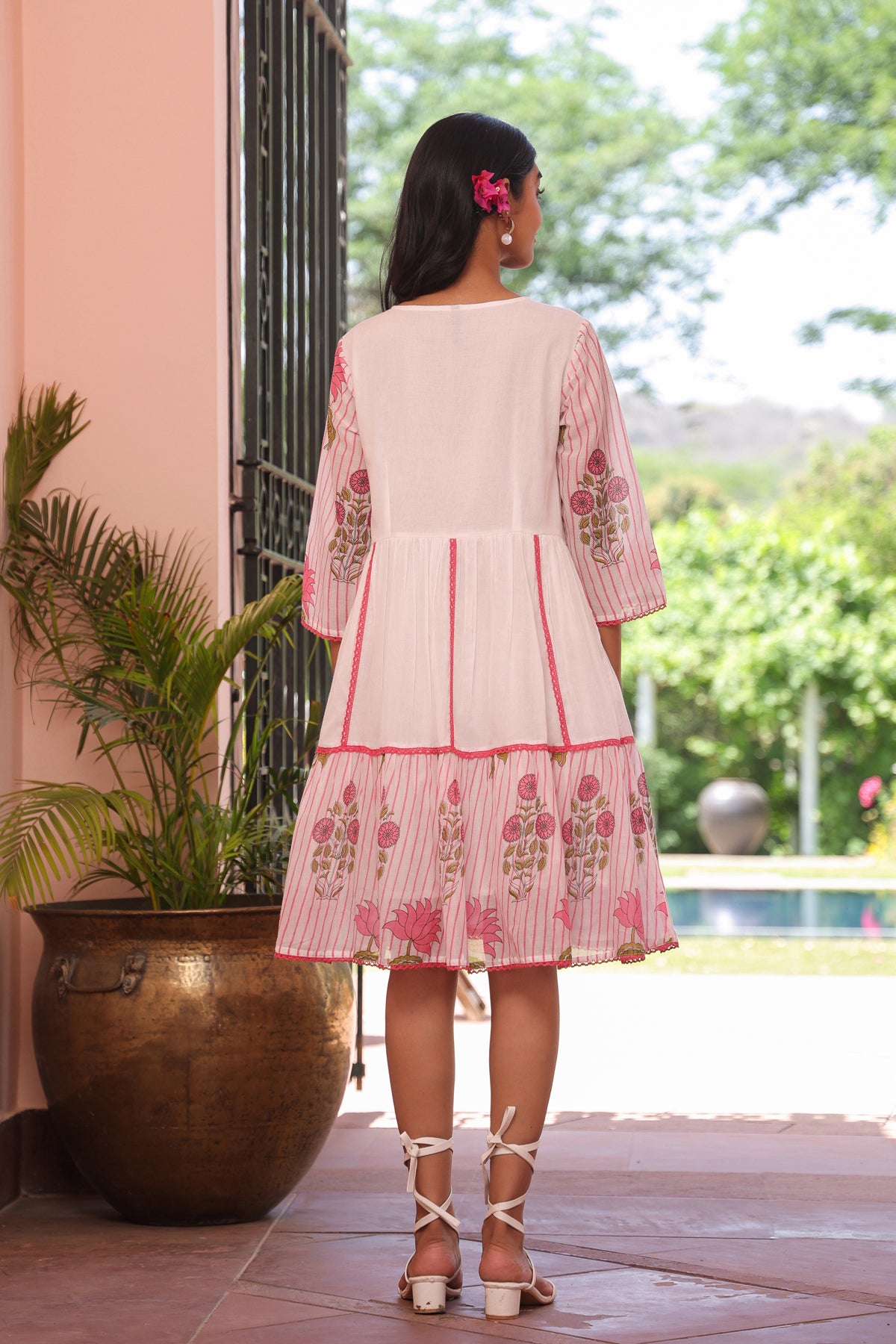 Pink Striped-Floral Cotton Block Printed Midi Tiered Dress