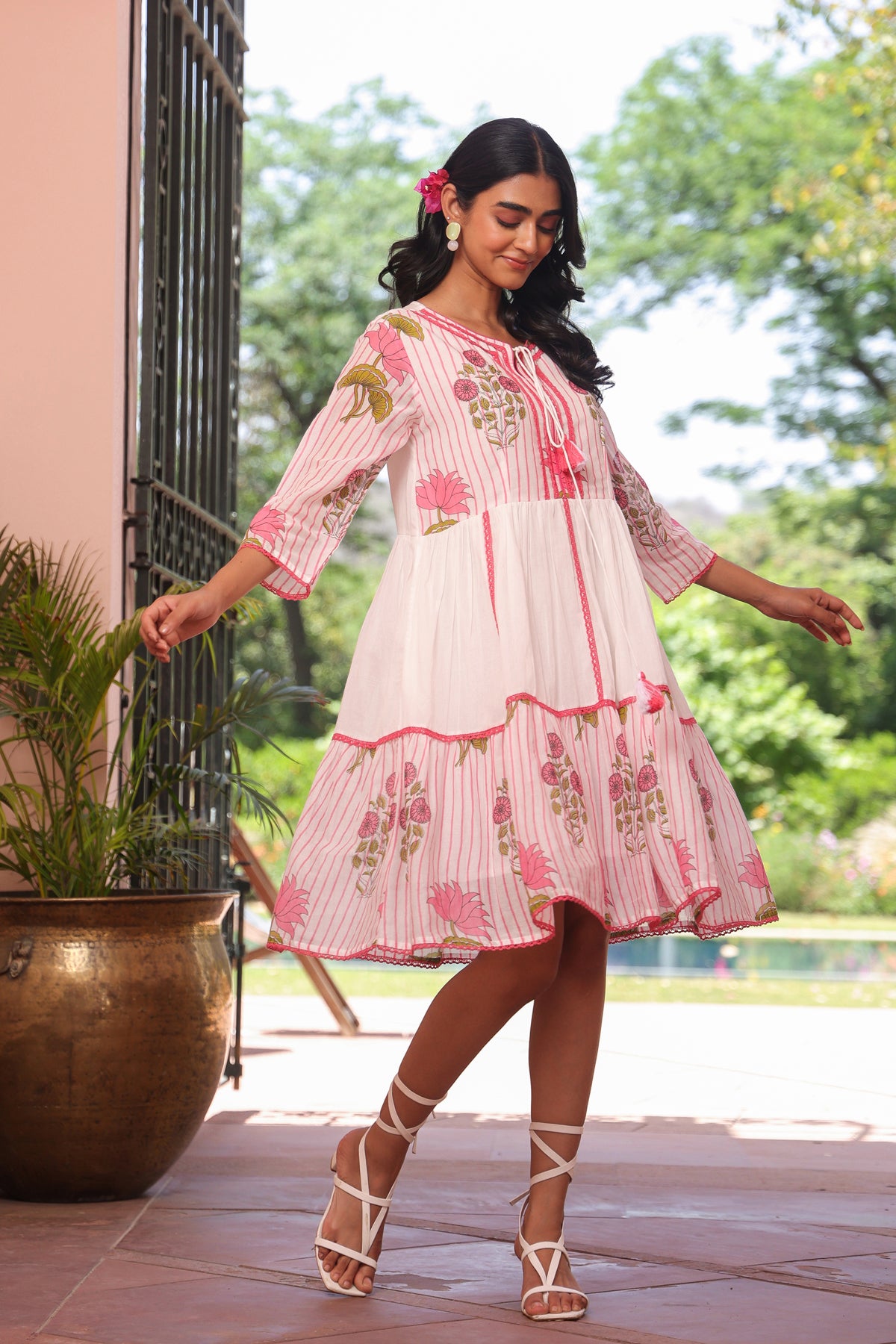 Pink Striped-Floral Cotton Block Printed Midi Tiered Dress