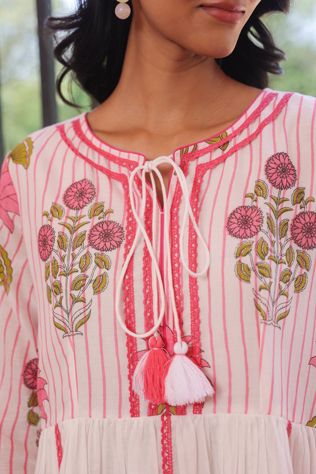 Pink Striped-Floral Cotton Block Printed Midi Tiered Dress