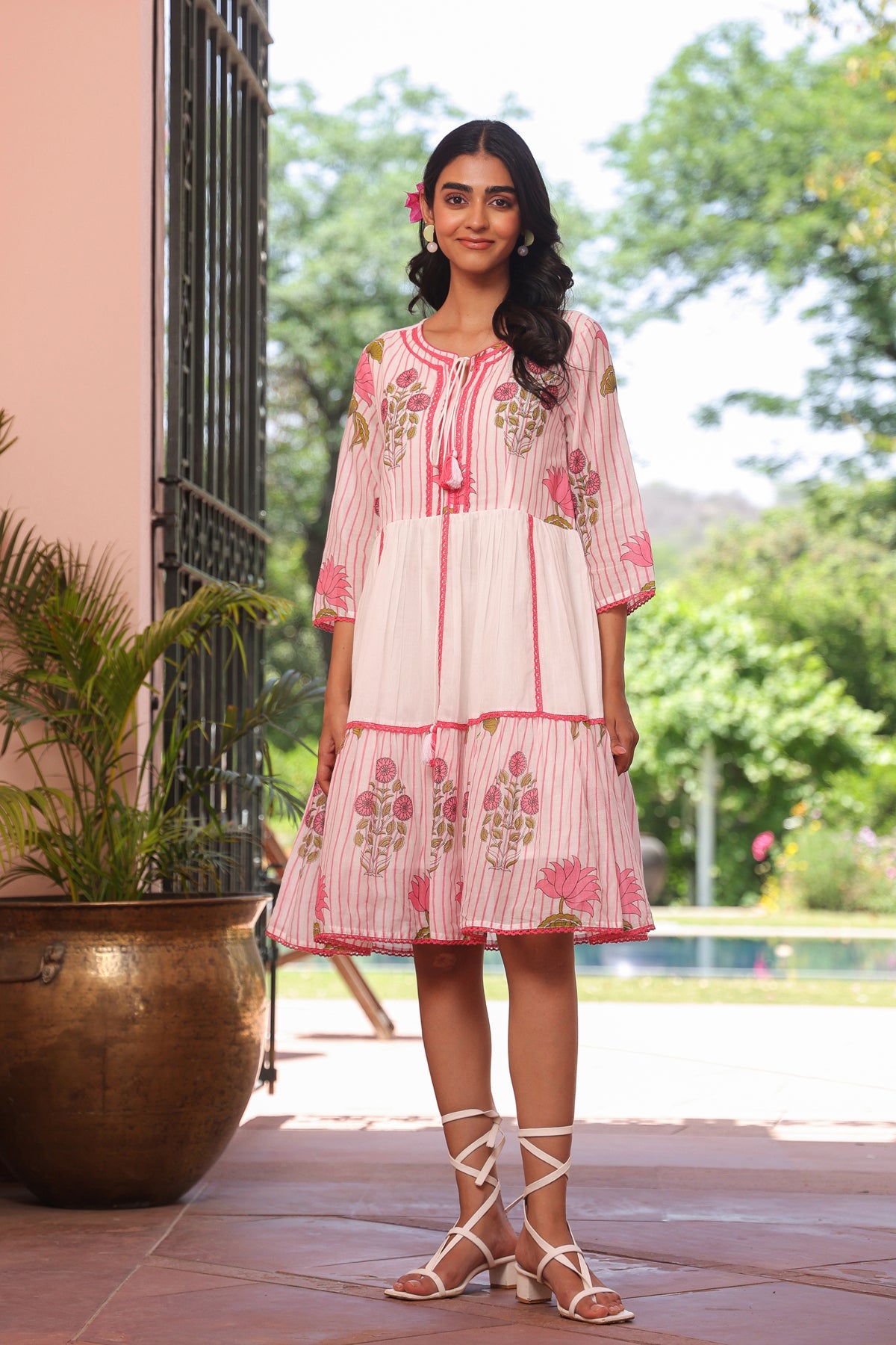 Pink Striped-Floral Cotton Block Printed Midi Tiered Dress