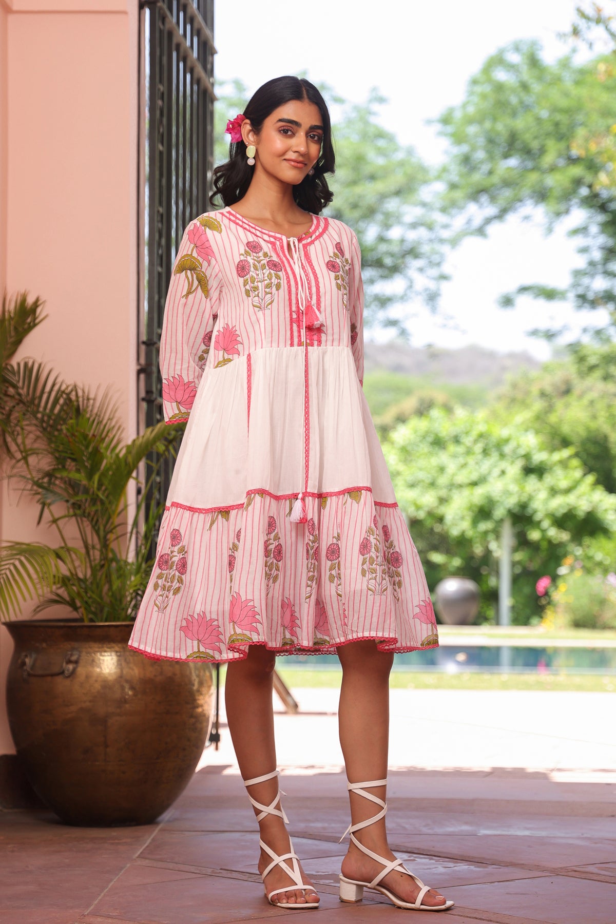 Pink Striped-Floral Cotton Block Printed Midi Tiered Dress