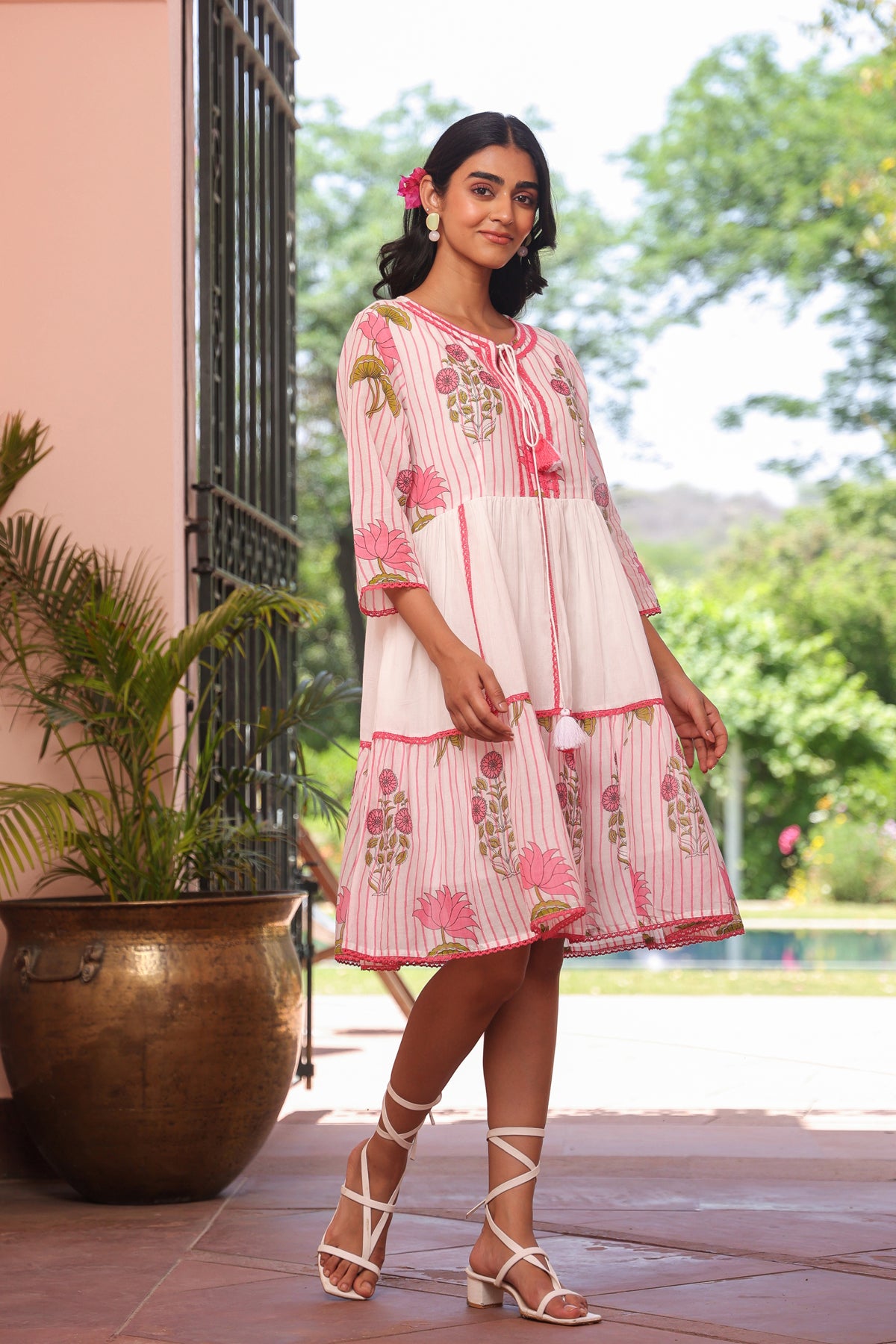 Pink Striped-Floral Cotton Block Printed Midi Tiered Dress