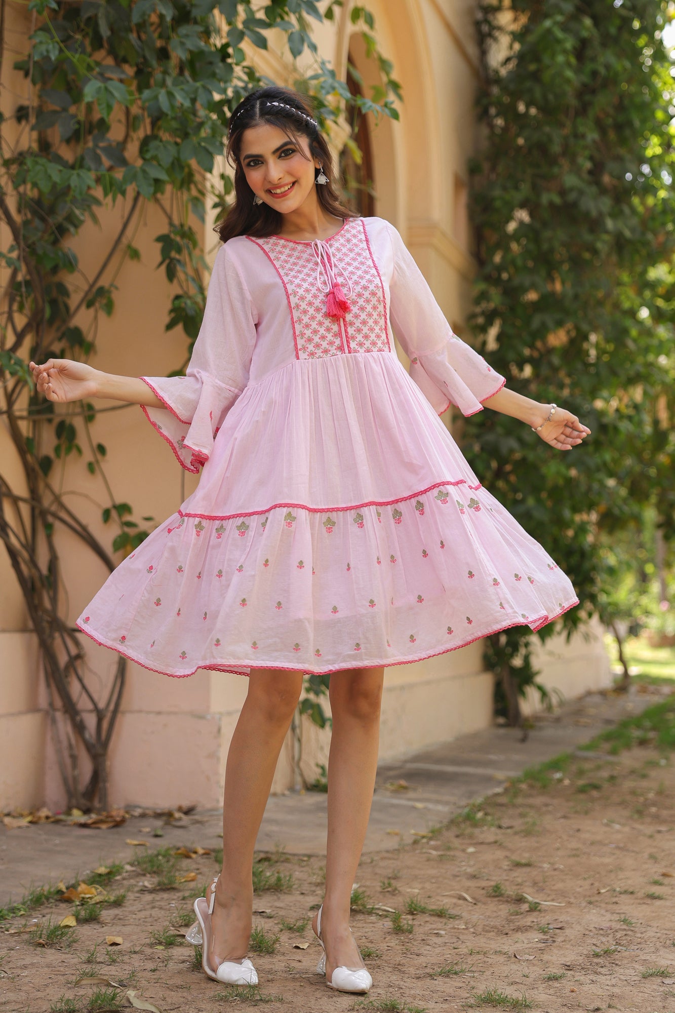 Pink Cotton Mulmul Embroidered Midi Dress
