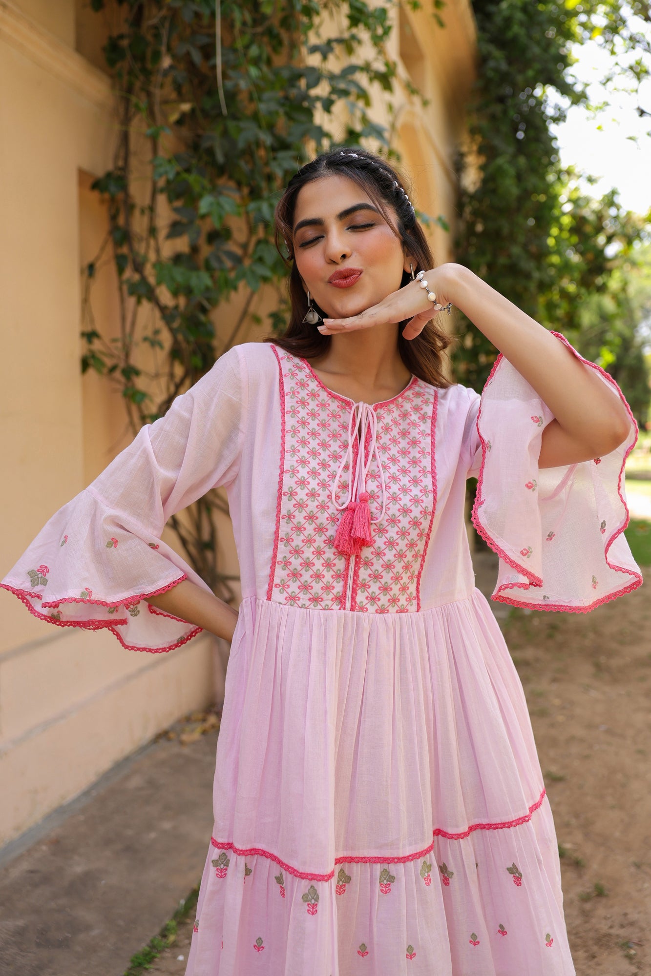 Pink Cotton Mulmul Embroidered Midi Dress
