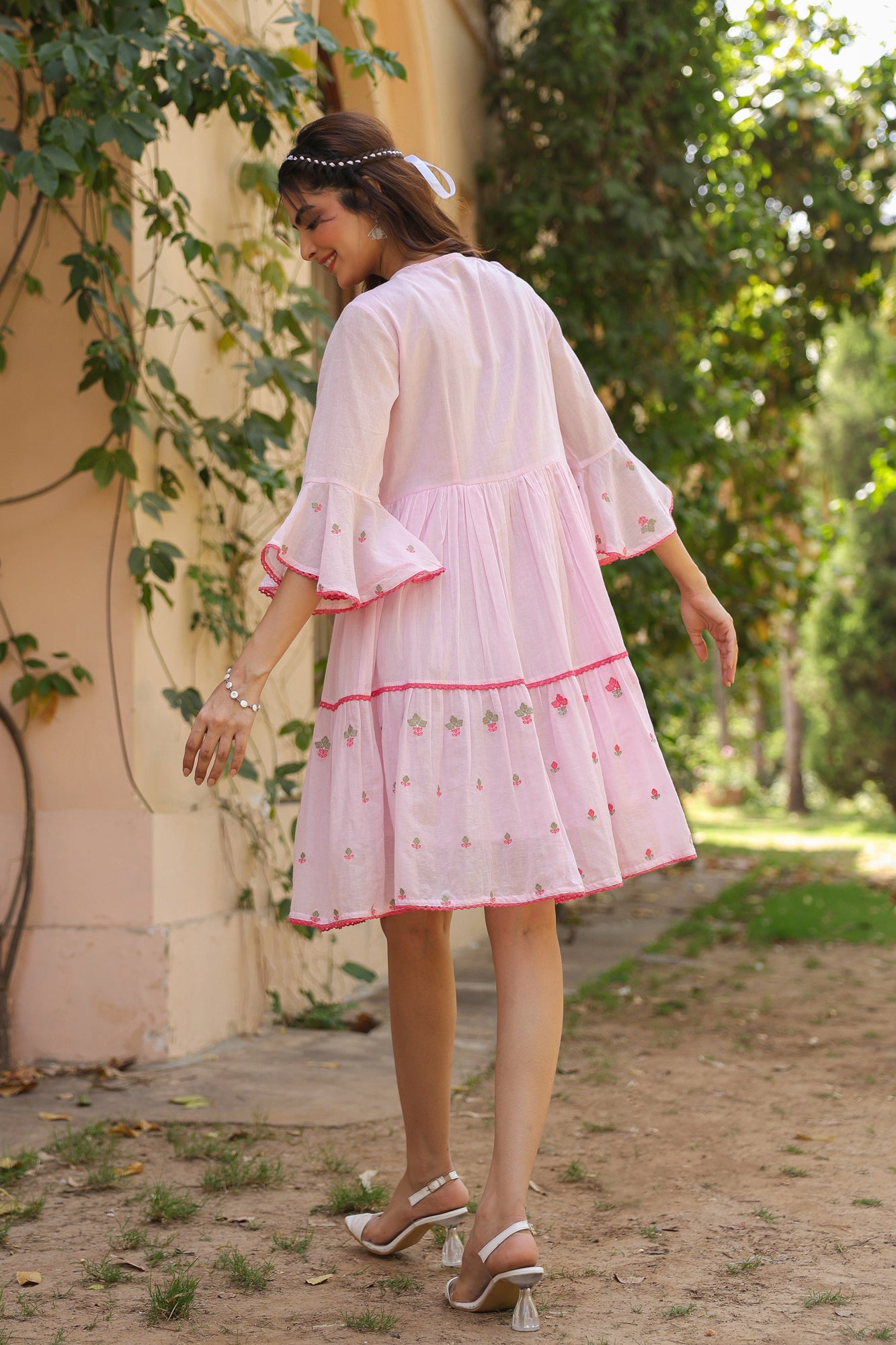 Pink Cotton Mulmul Embroidered Midi Dress