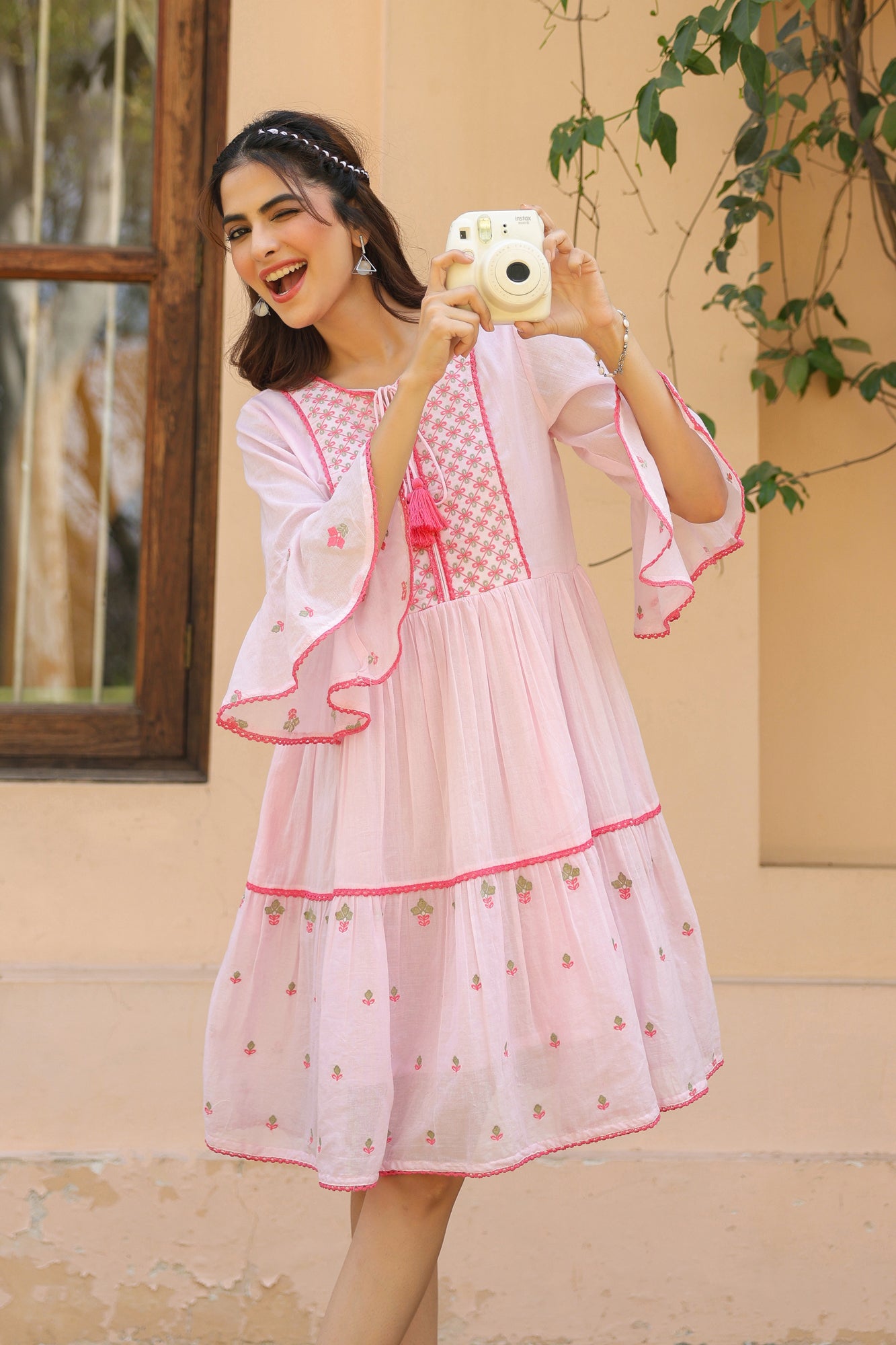 Pink Cotton Mulmul Embroidered Midi Dress
