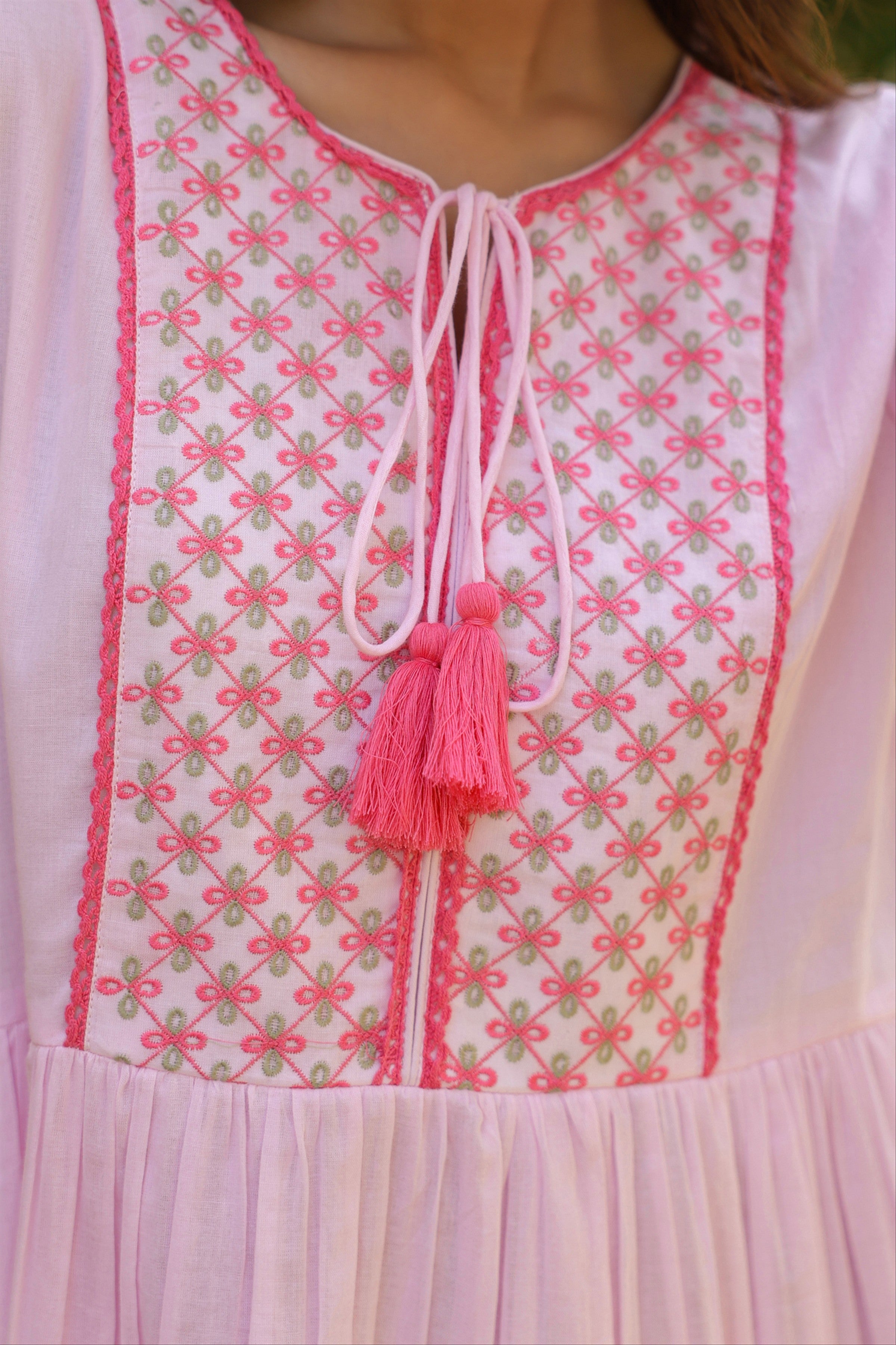 Pink Cotton Mulmul Embroidered Midi Dress