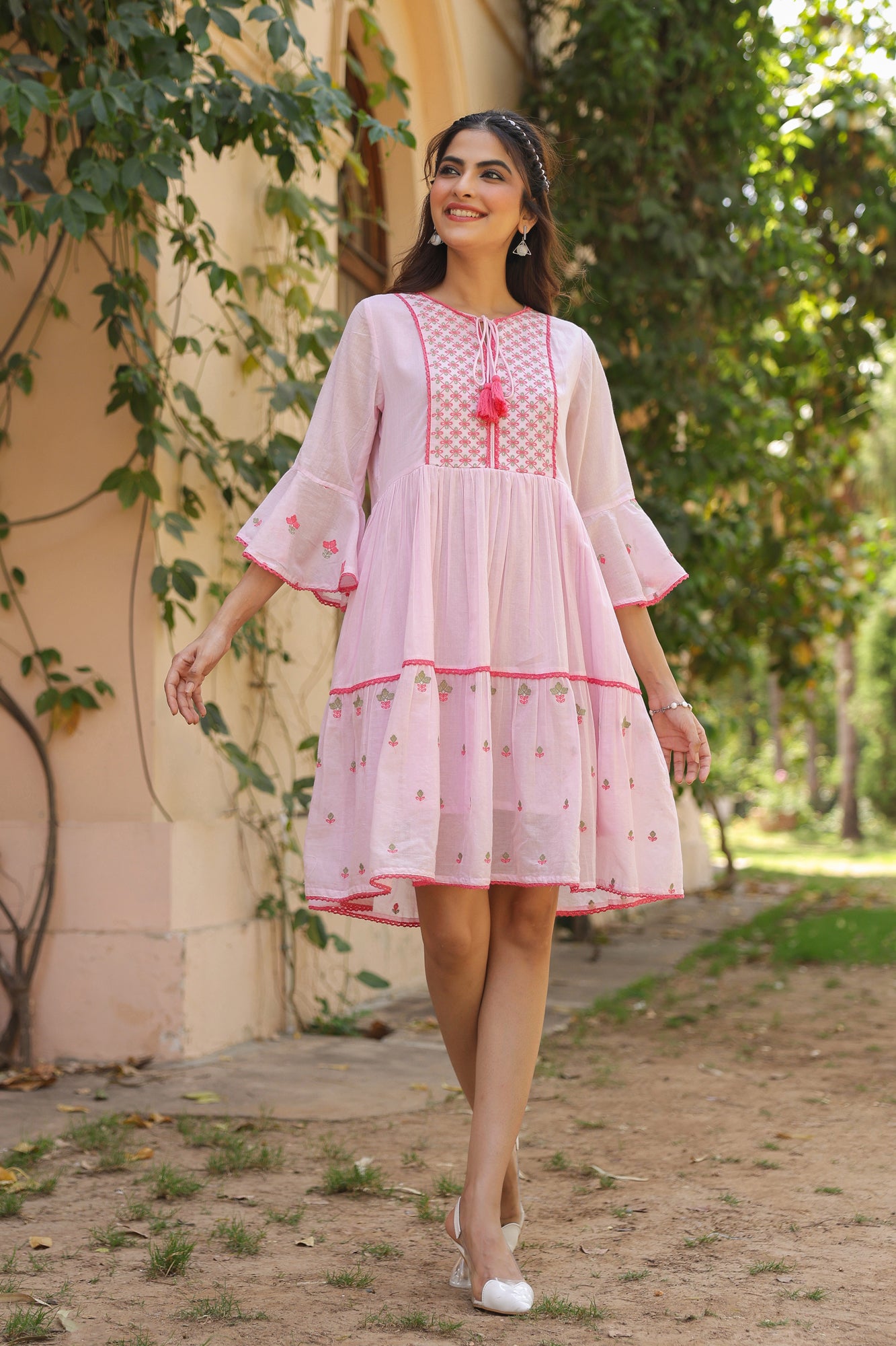 Pink Cotton Mulmul Embroidered Midi Dress