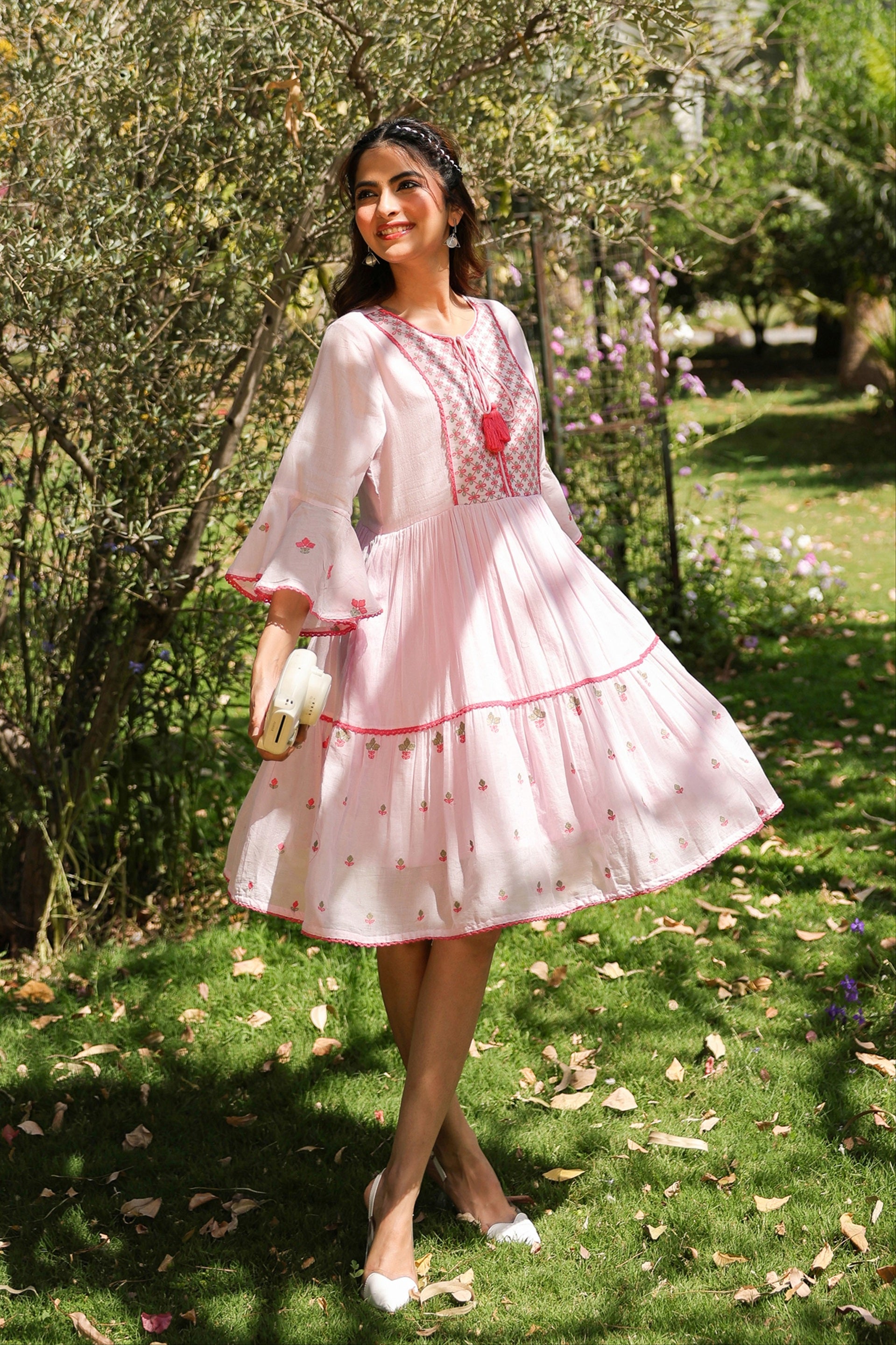 Pink Cotton Mulmul Embroidered Midi Dress