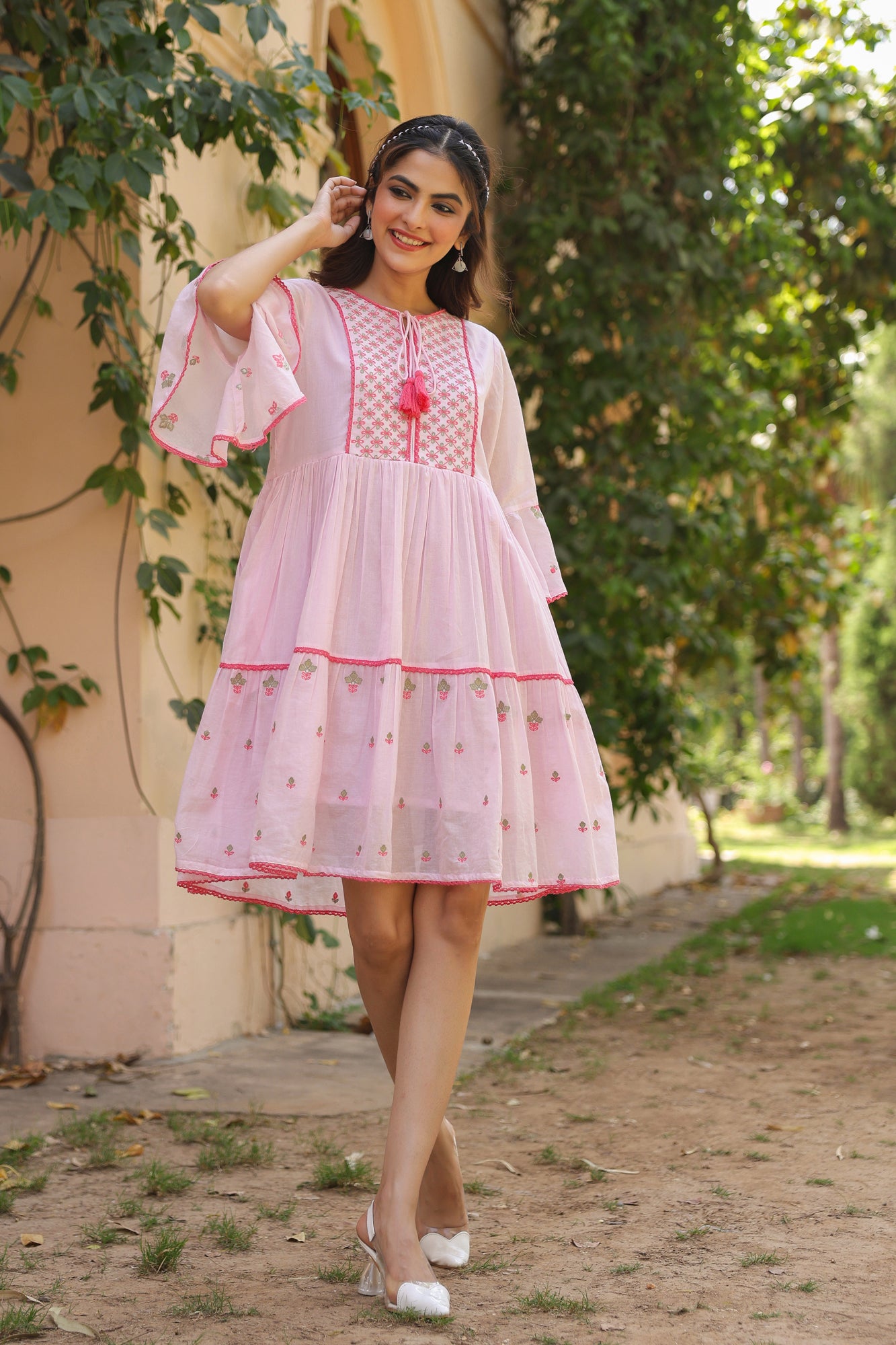 Pink Cotton Mulmul Embroidered Midi Dress