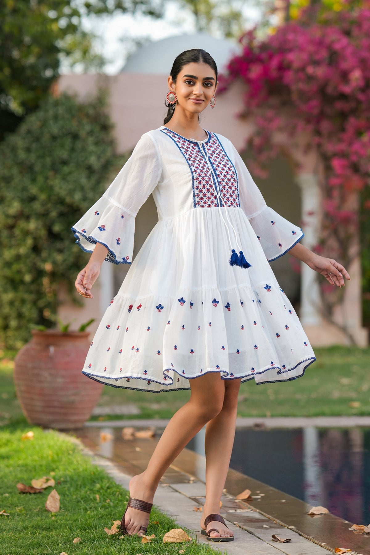 White Cotton Mulmul Embroidered Midi Dress