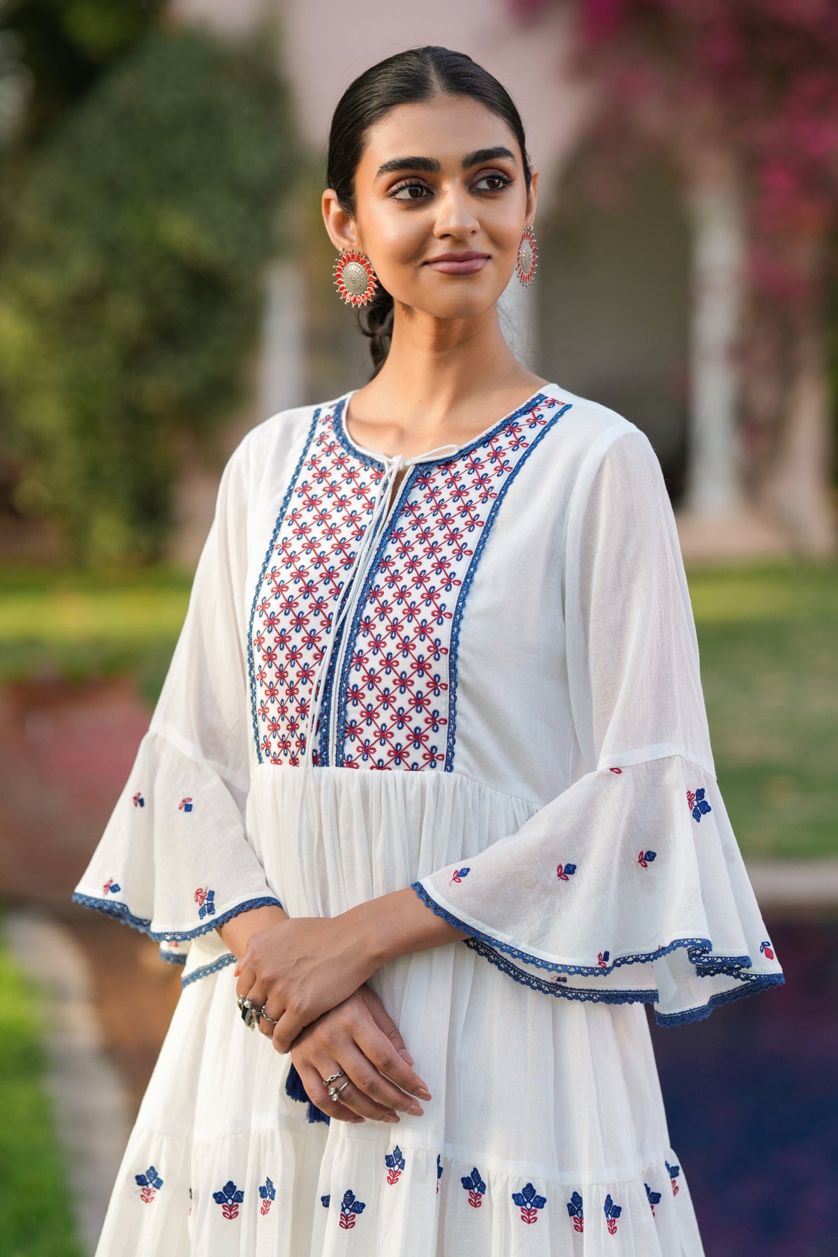 White Cotton Mulmul Embroidered Midi Dress