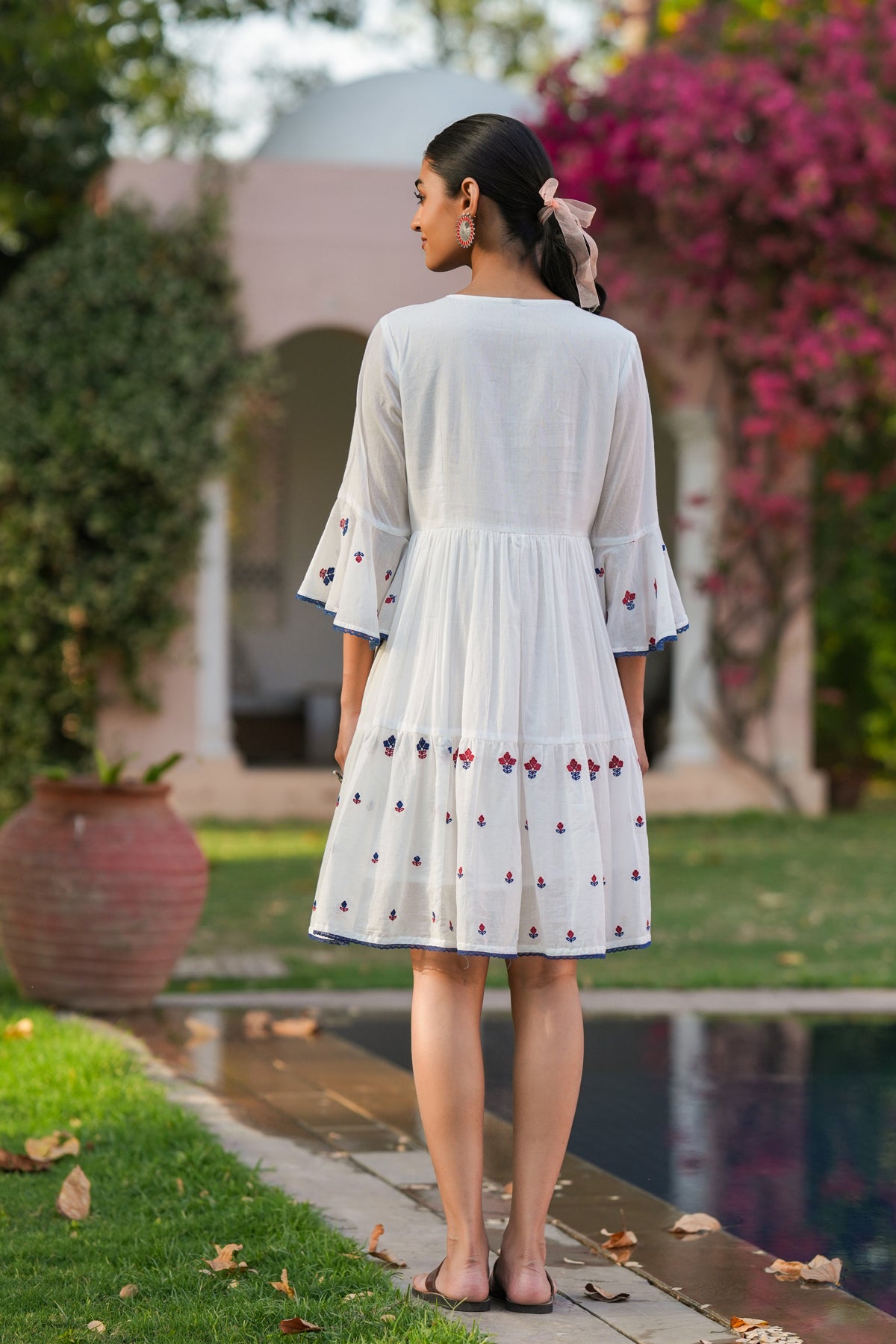 White Cotton Mulmul Embroidered Midi Dress