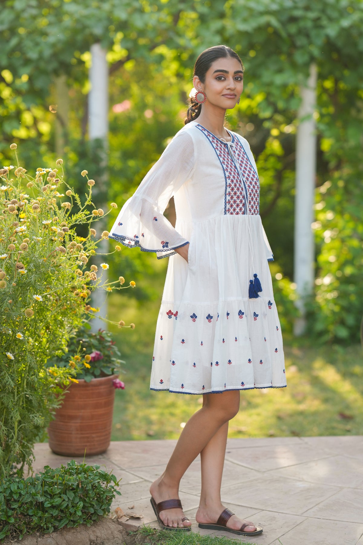 White Cotton Mulmul Embroidered Midi Dress