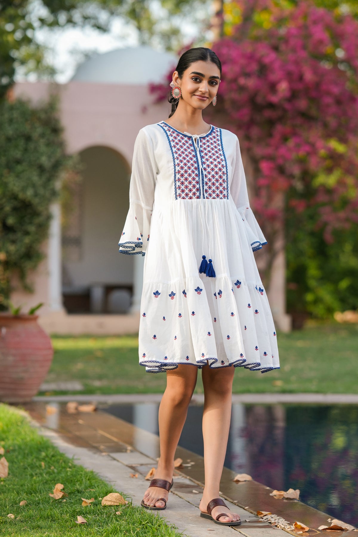 White Cotton Mulmul Embroidered Midi Dress
