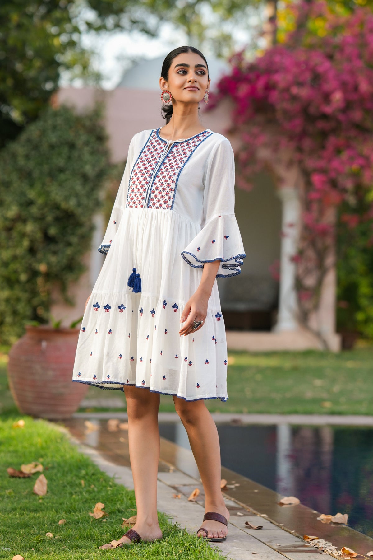 White Cotton Mulmul Embroidered Midi Dress