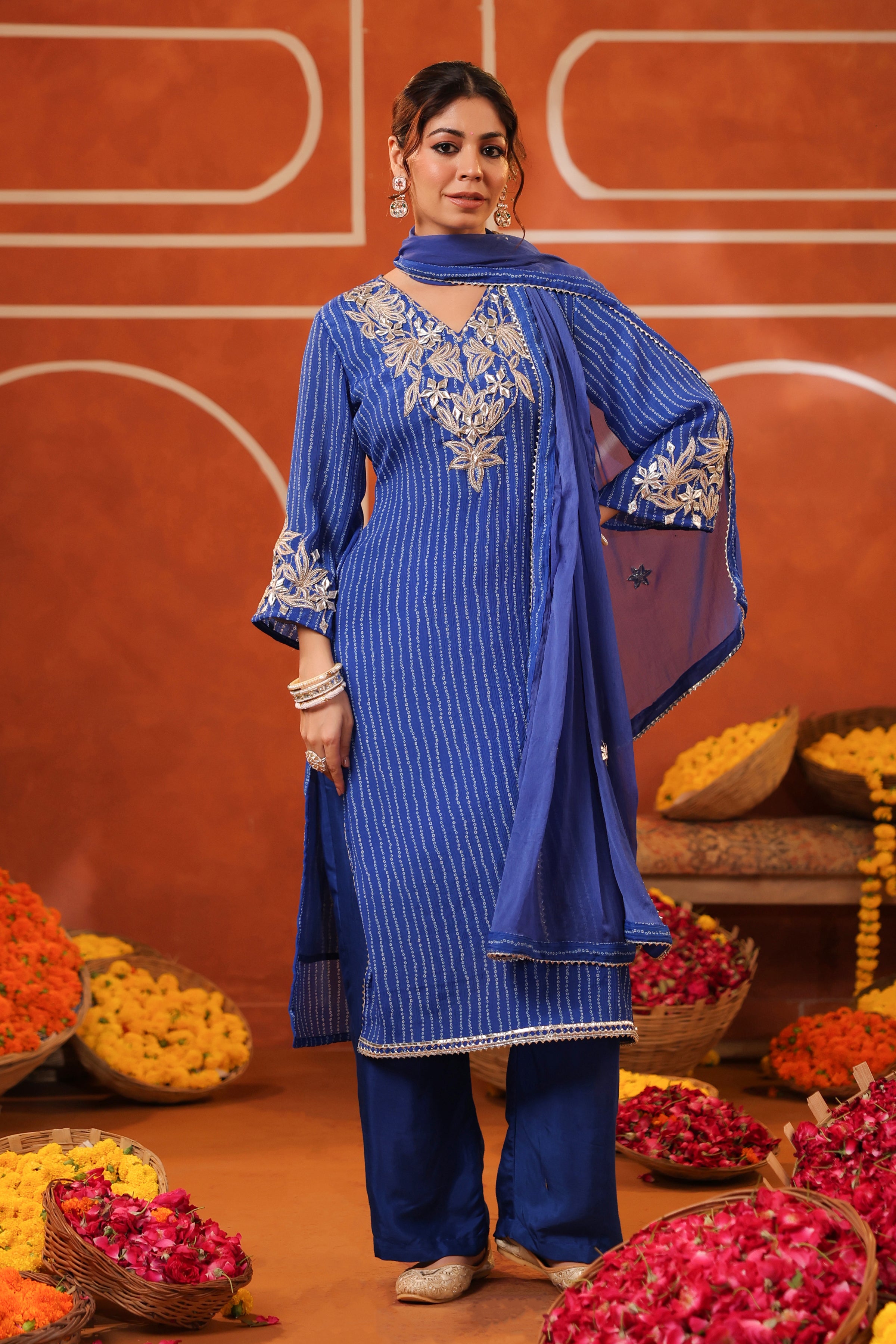 Blue Bandhani Embroidered Chinon Silk Straight Suit Set