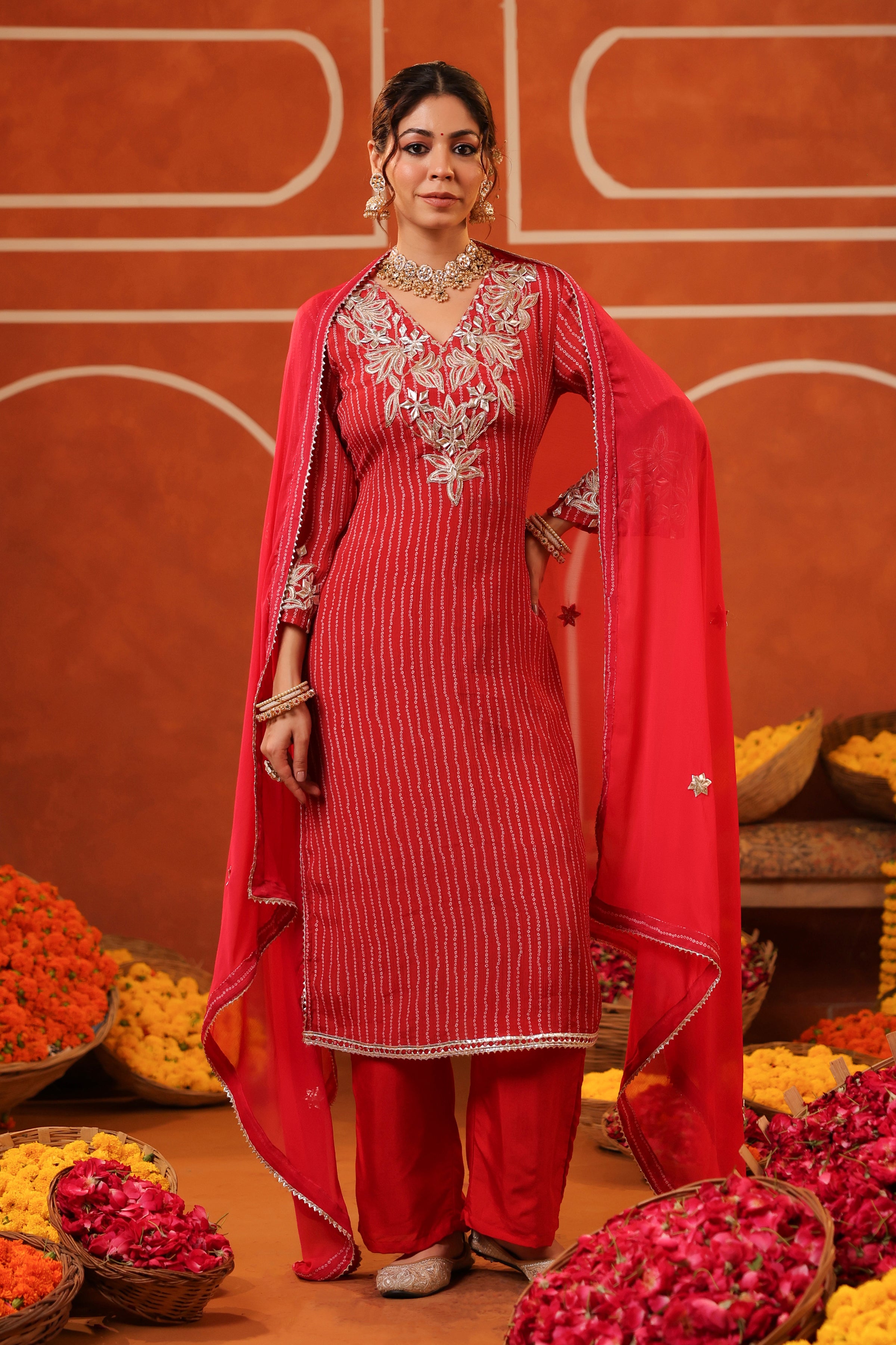 Red Bandhani Embroidered Chinon Silk Straight Suit Set