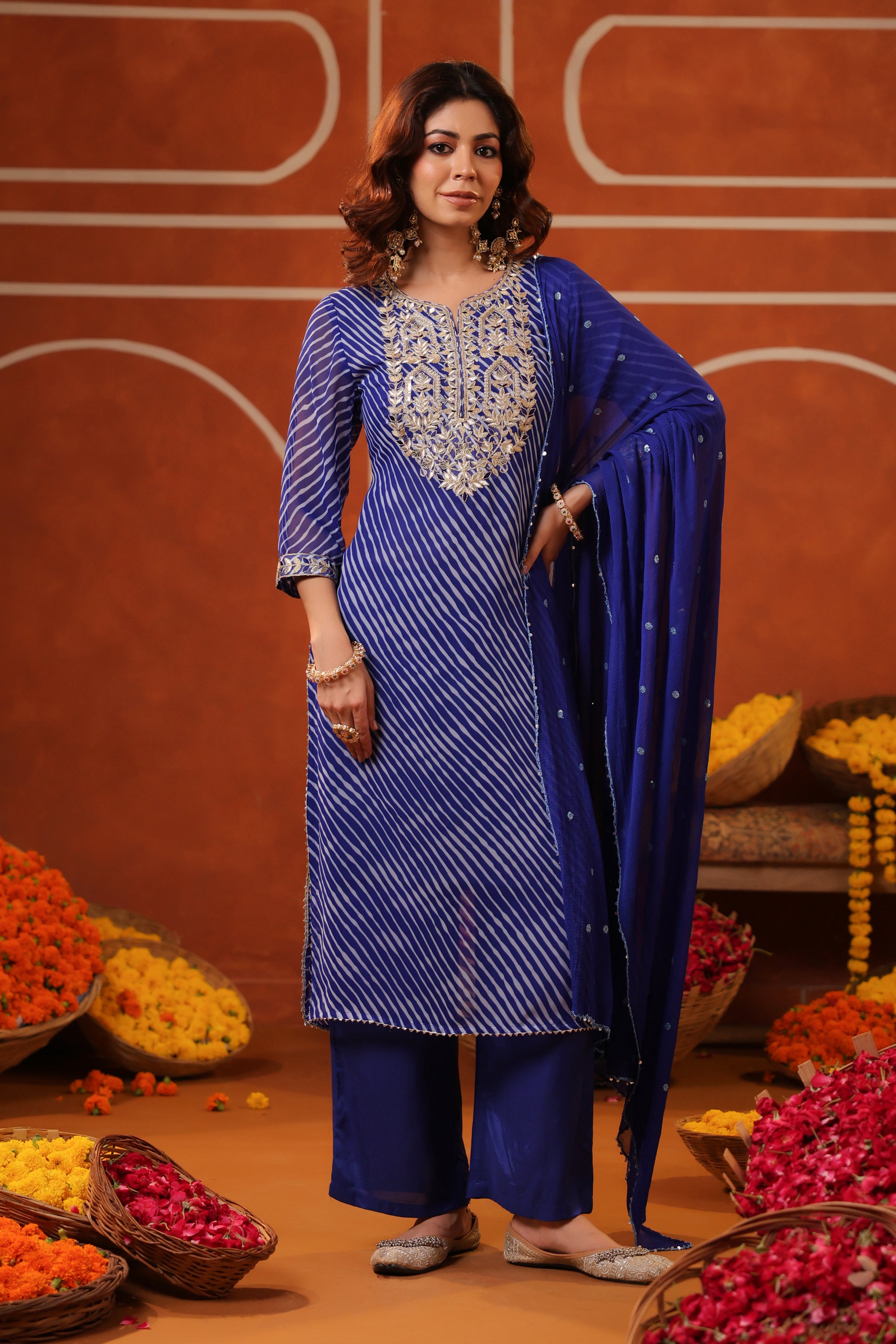 Blue Leheriya Georgette Embroidered Straight Suit Set
