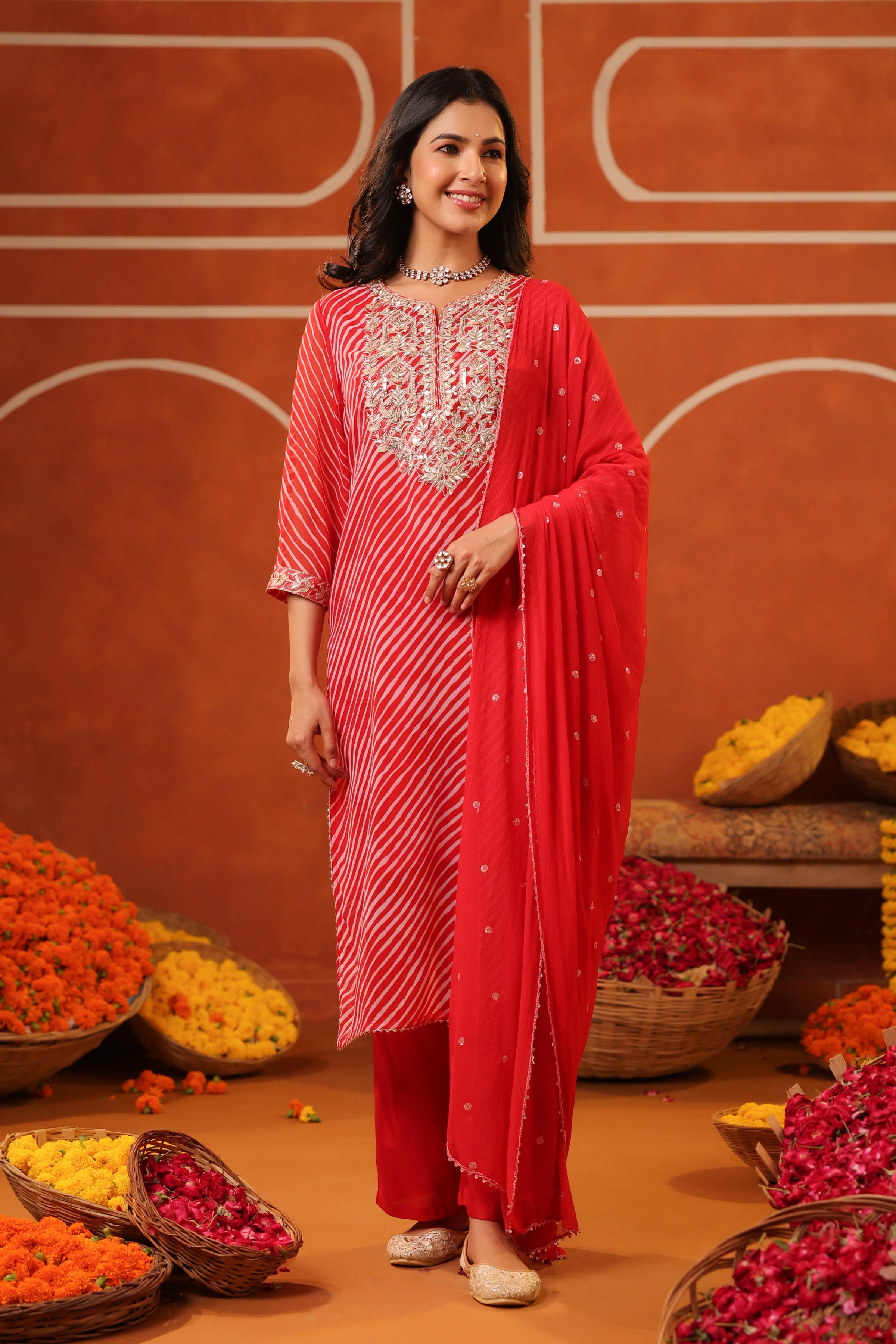 Red Leheriya Georgette Embroidered Straight Suit Set