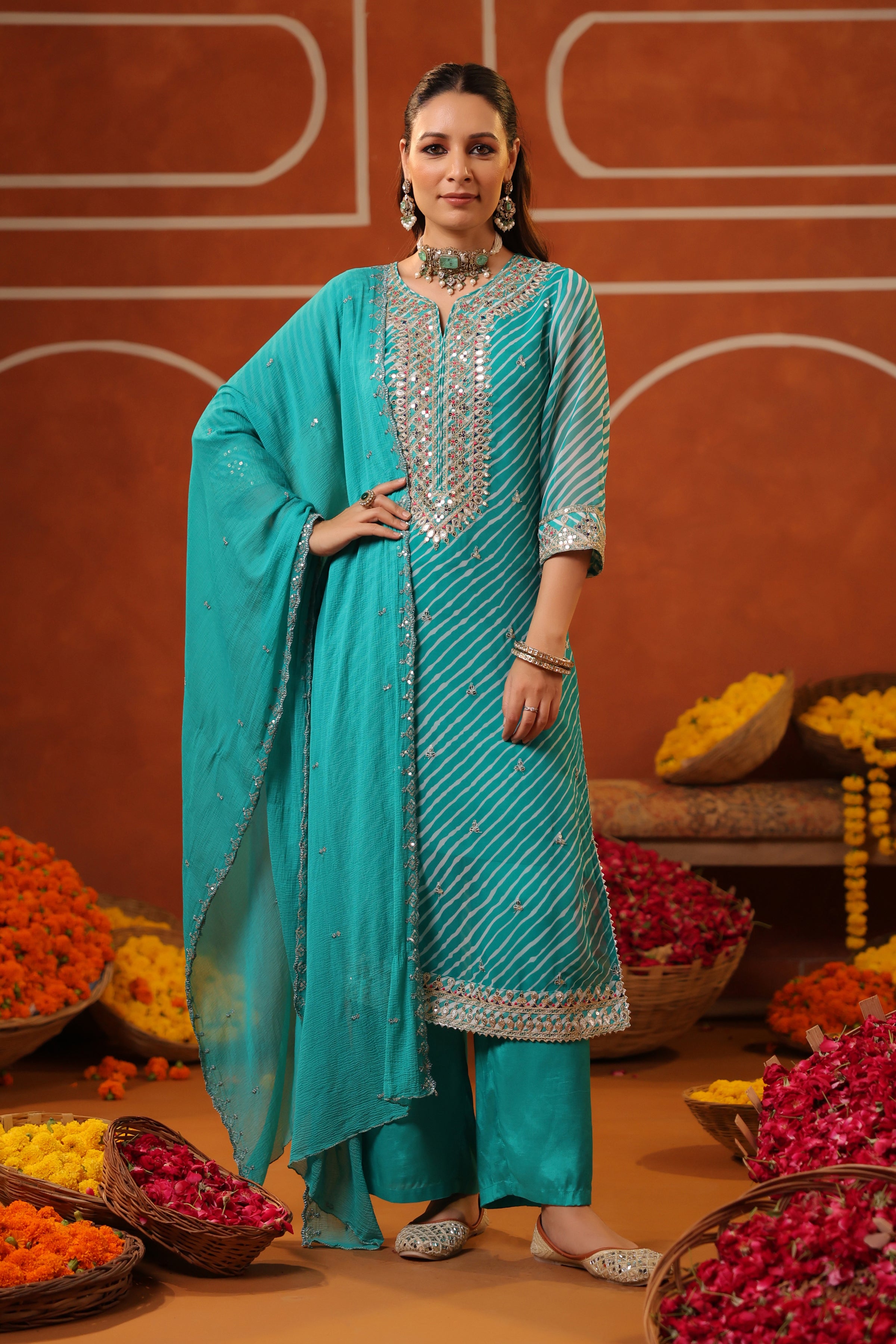 Teal Leheriya Georgette Embroidered Straight Suit Set