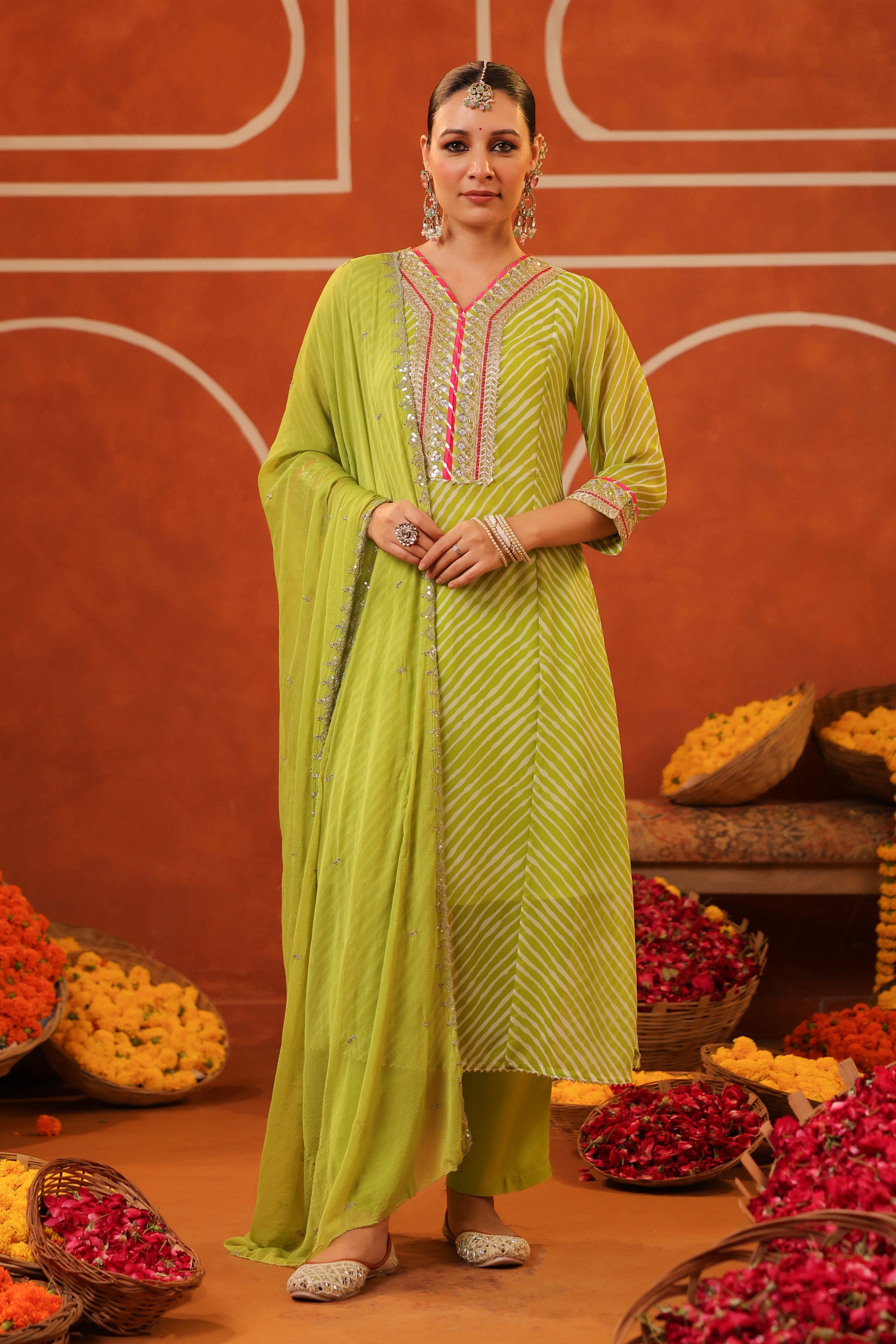 Lime Green Leheriya Georgette Embroidered Anarkali Suit Set