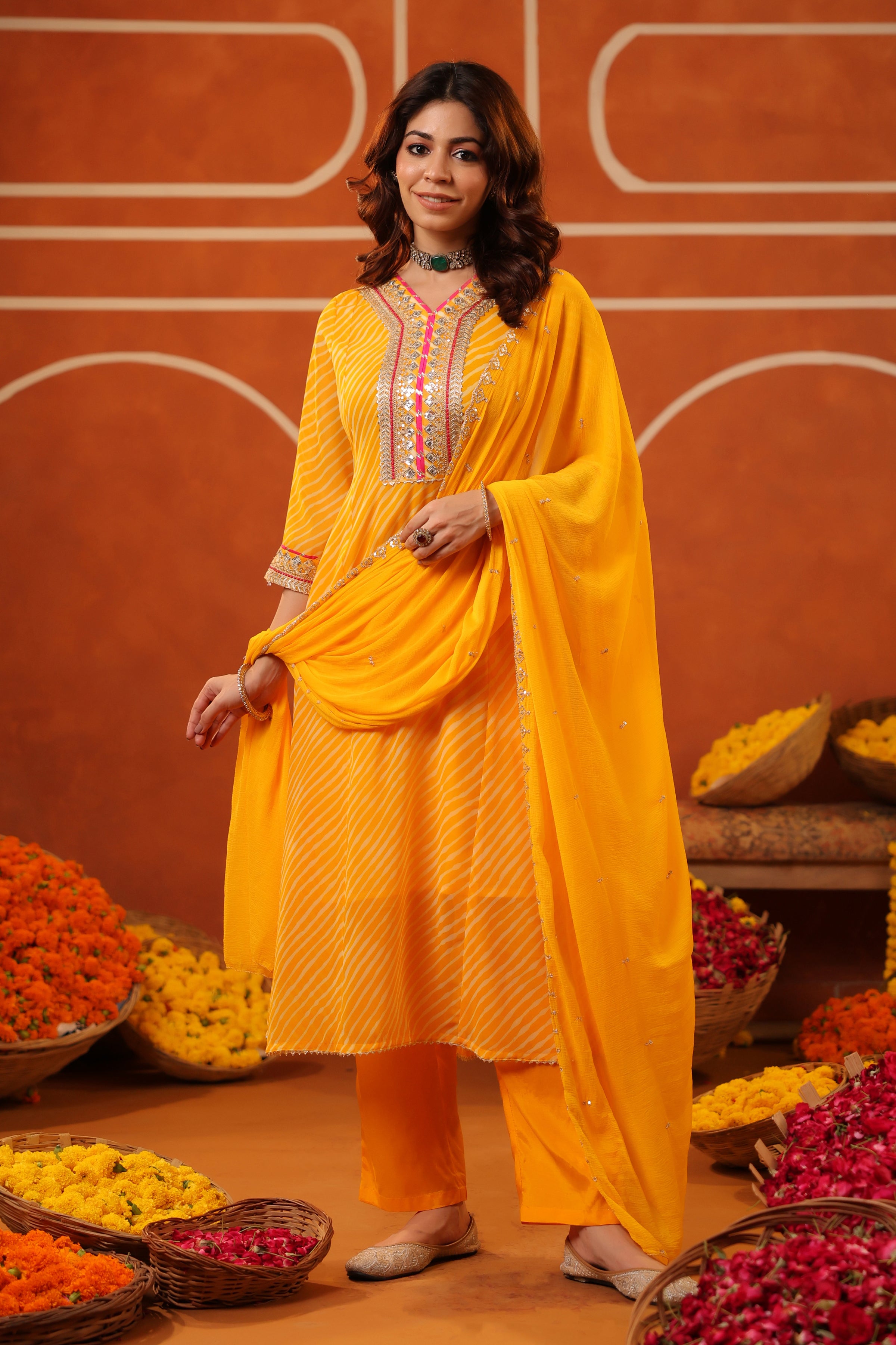 Mustard Leheriya Georgette Embroidered Anarkali Suit Set