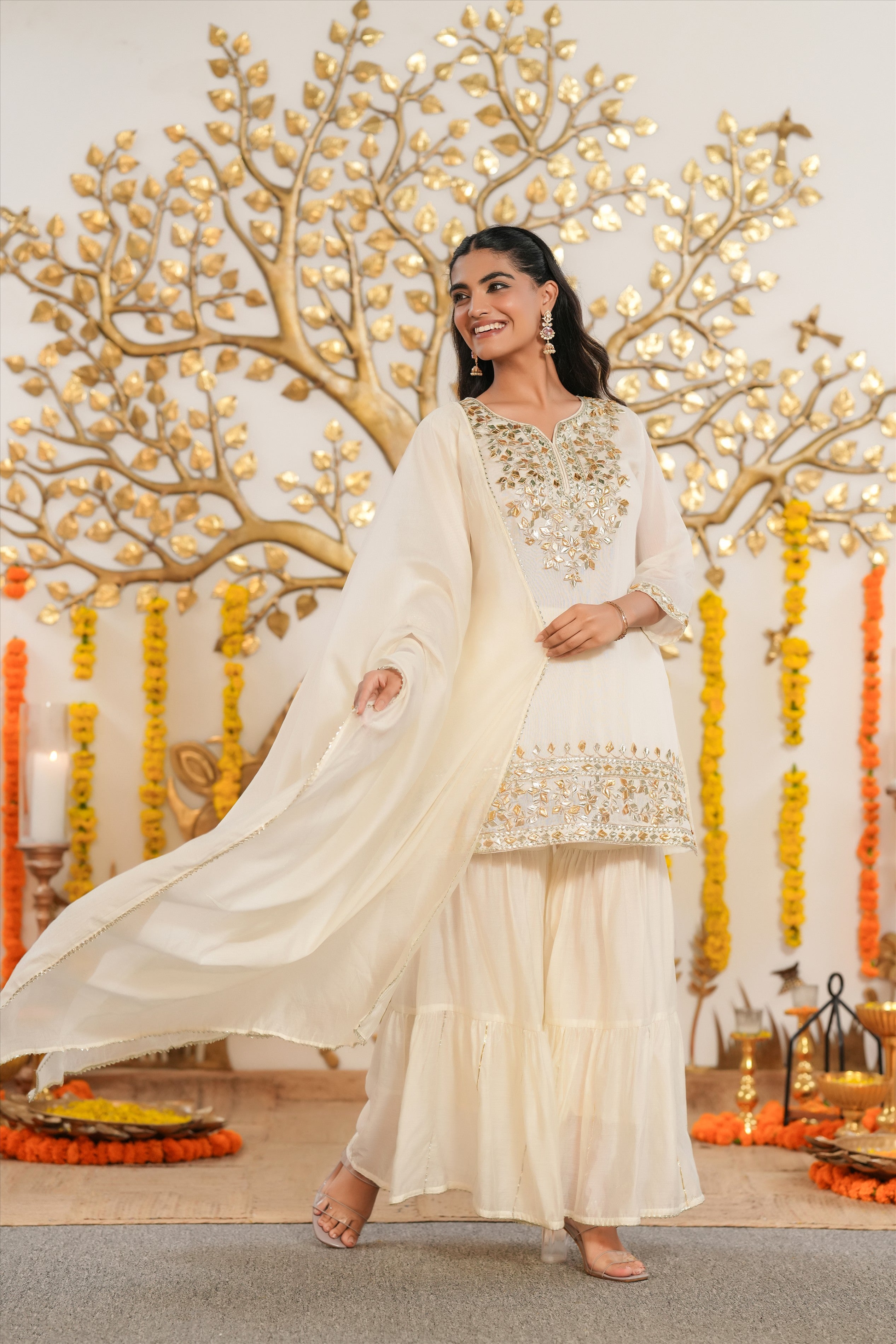 Ivory Mul Chanderi Gota Work Sharara Set