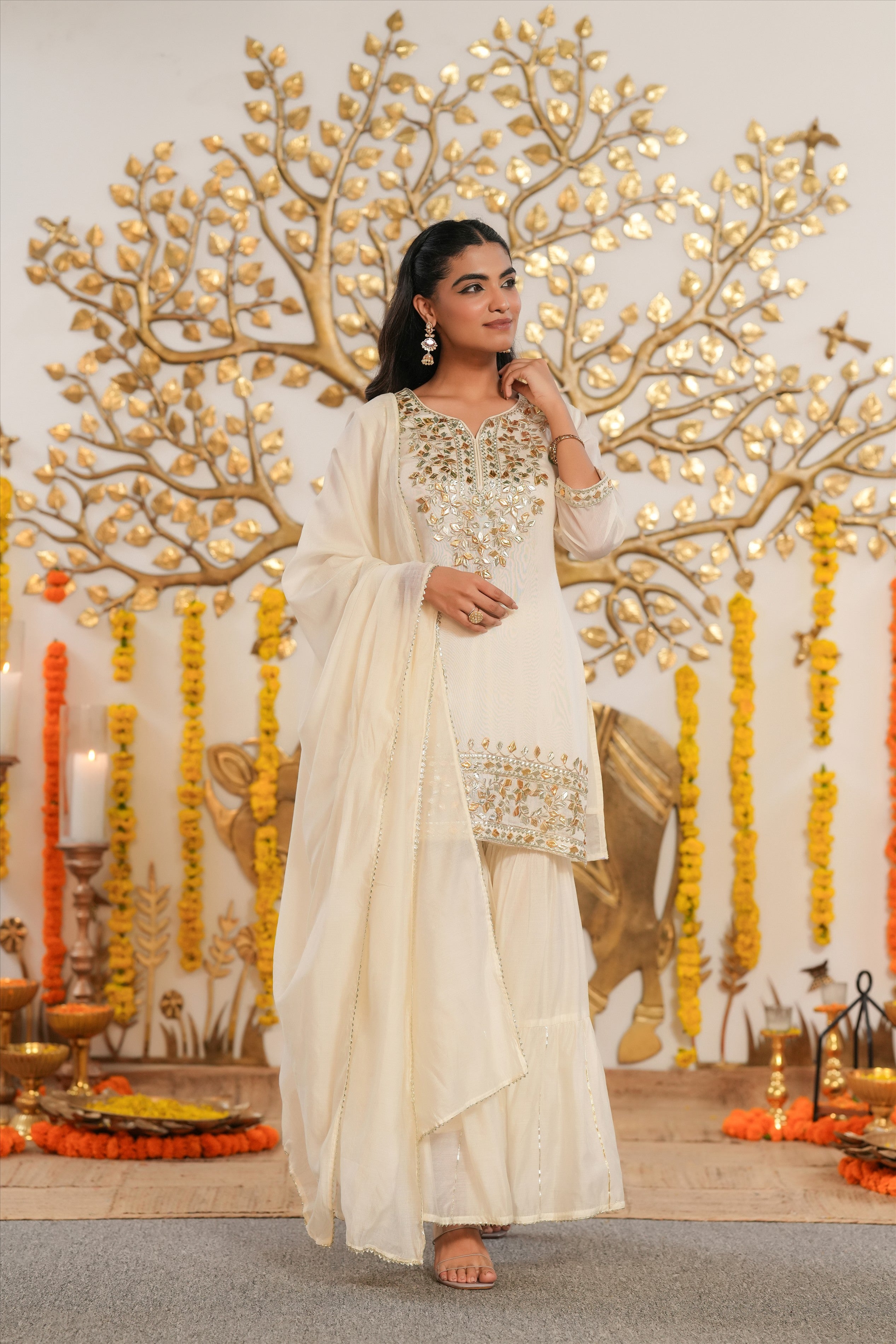 Ivory Mul Chanderi Gota Work Sharara Set