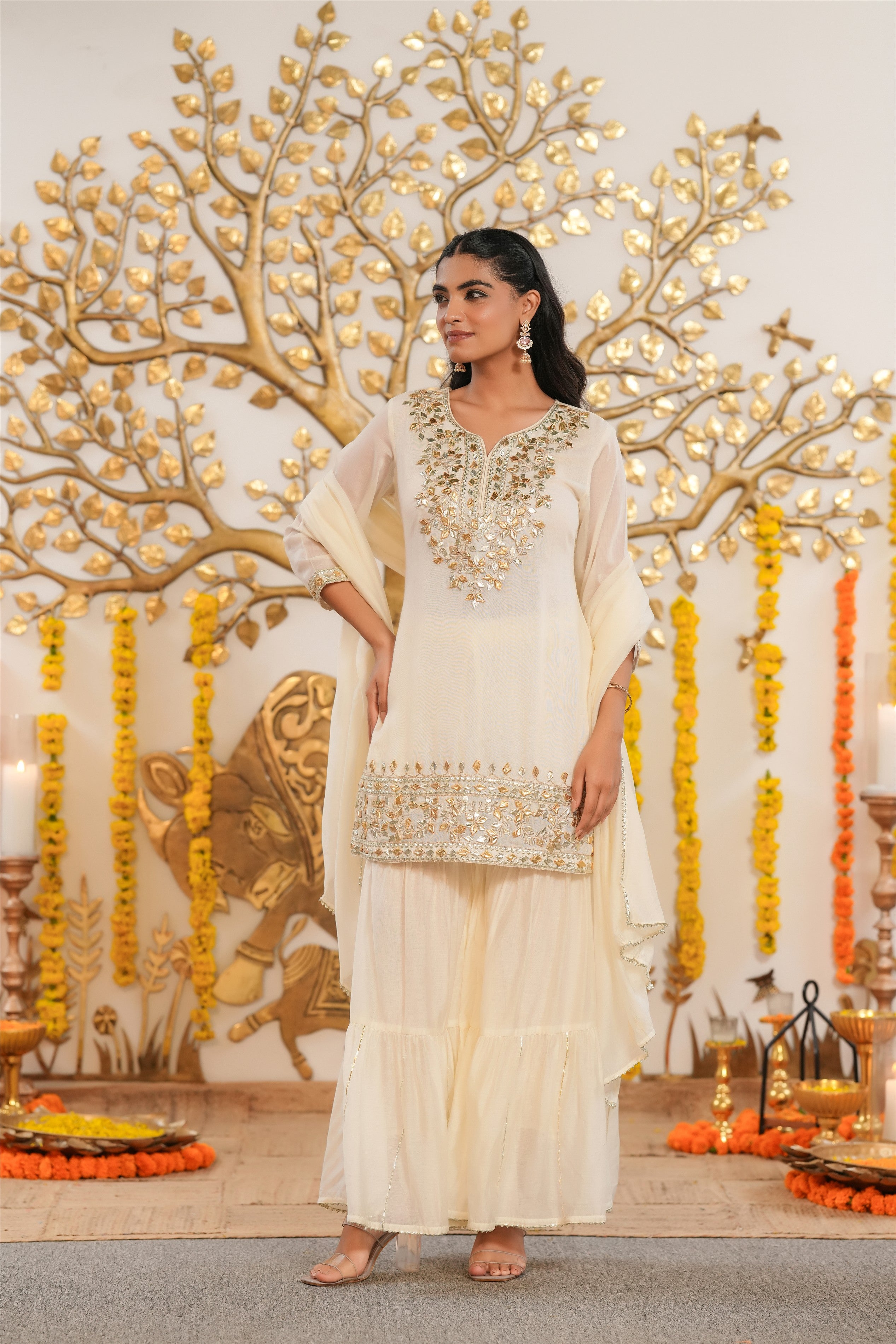 Ivory Mul Chanderi Gota Work Sharara Set