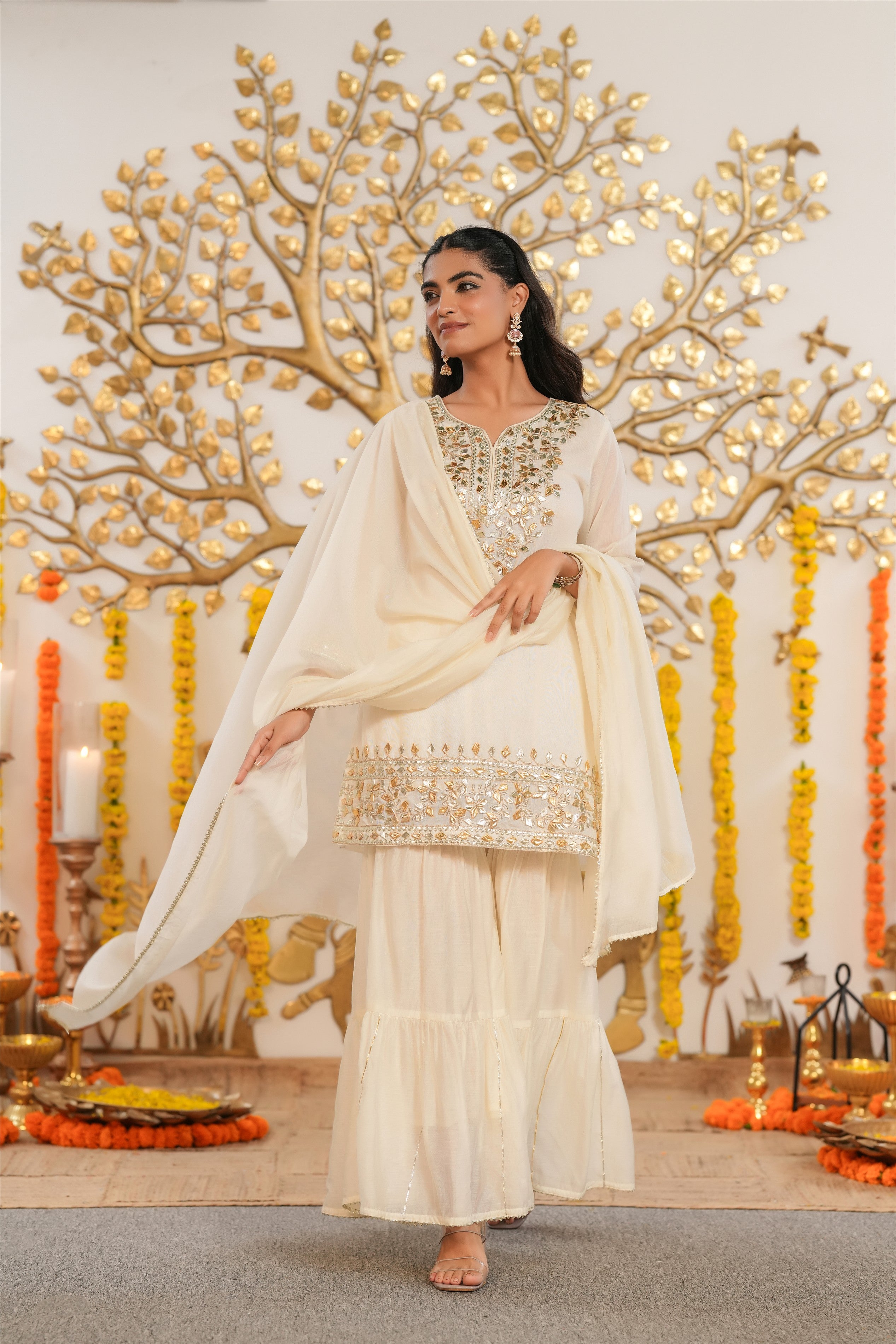 Ivory Mul Chanderi Gota Work Sharara Set