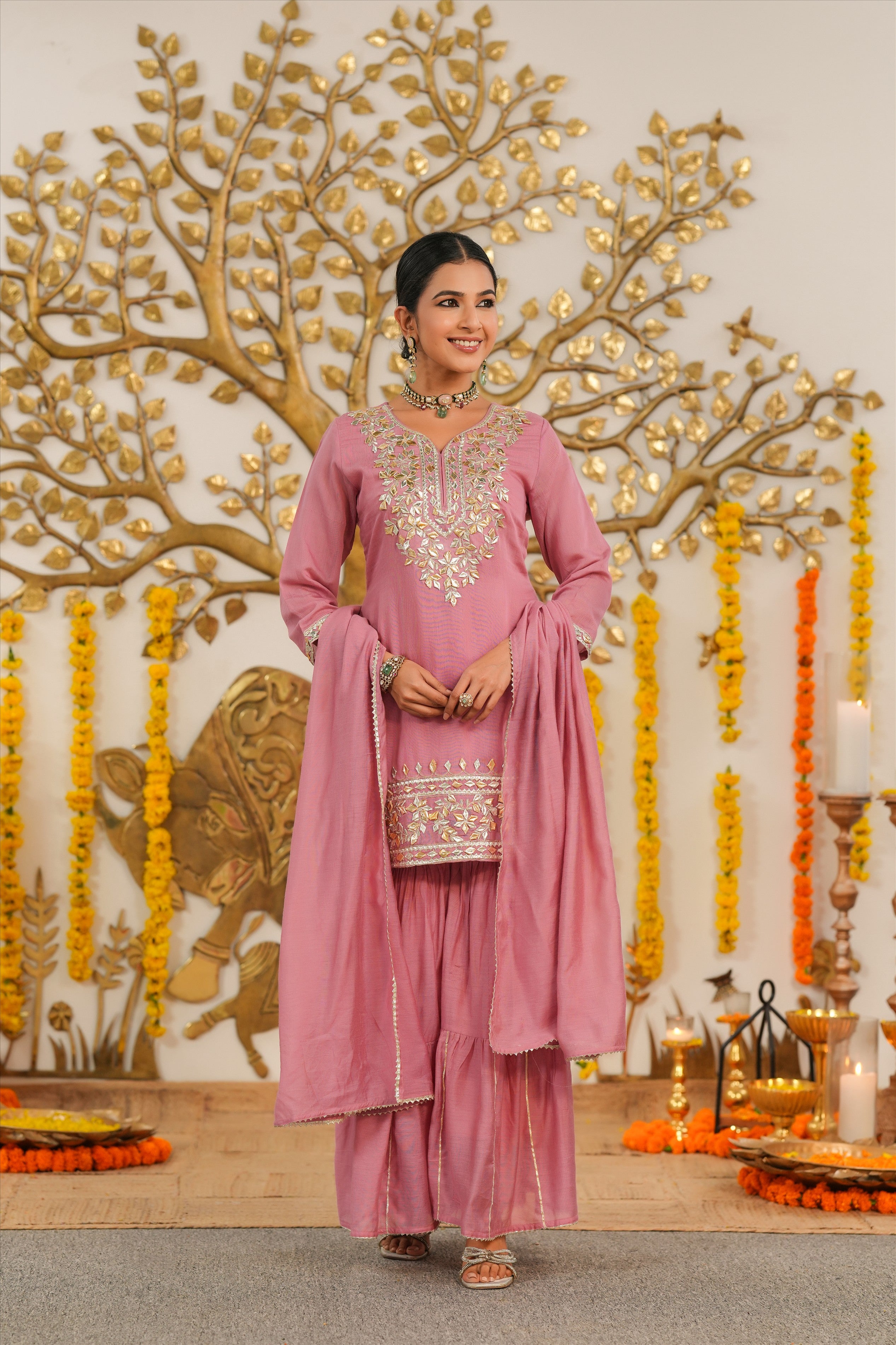Mauve Mul Chanderi Gota Work Sharara Set