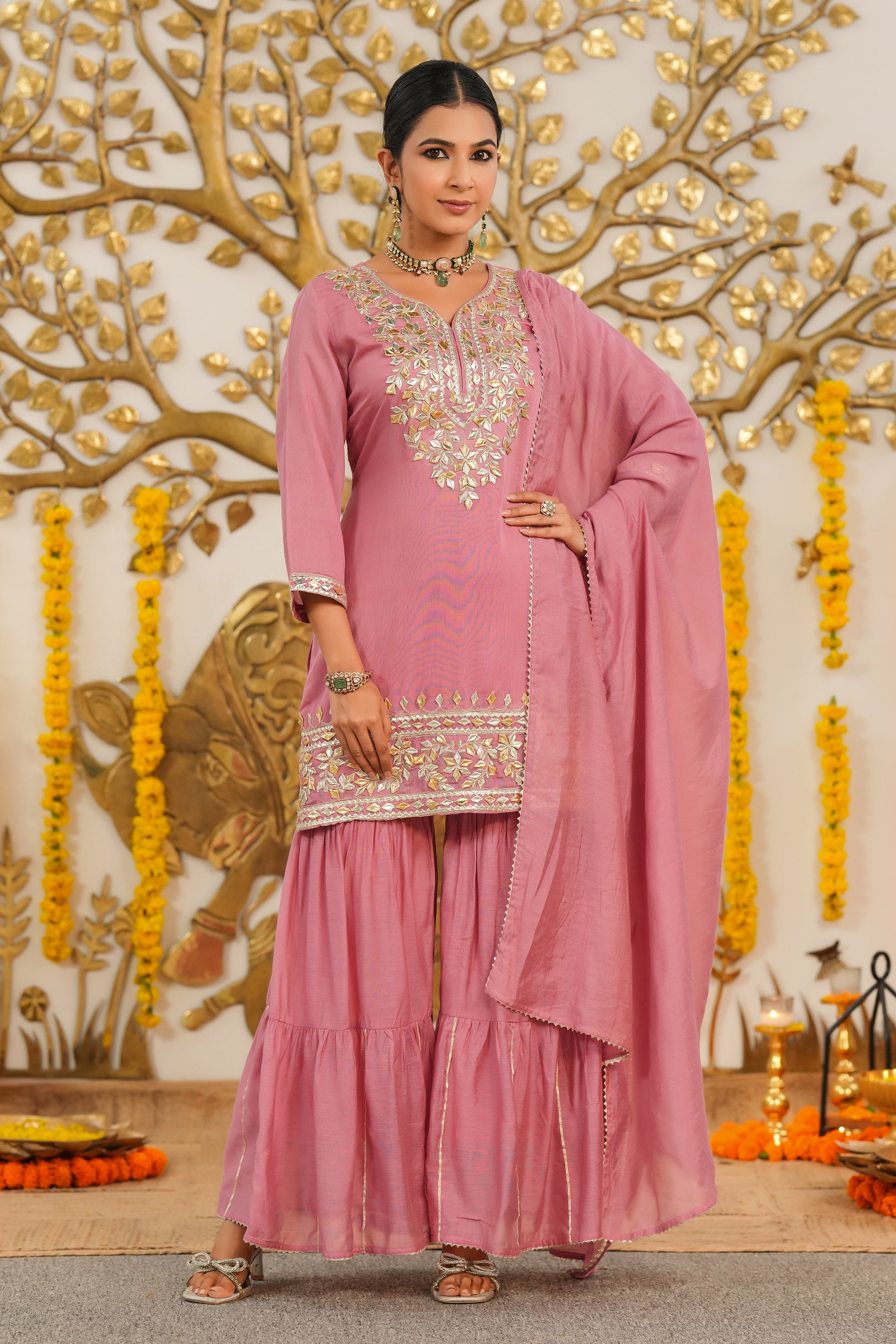 Mauve Mul Chanderi Gota Work Sharara Set