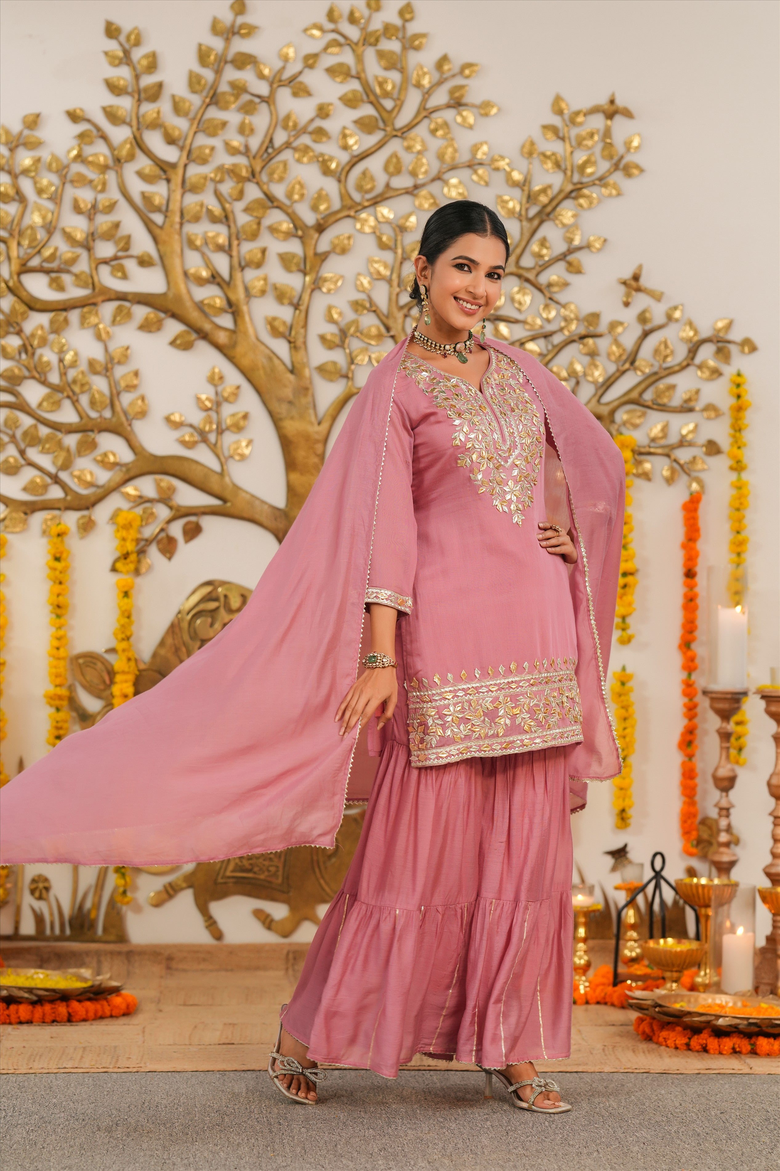 Mauve Mul Chanderi Gota Work Sharara Set