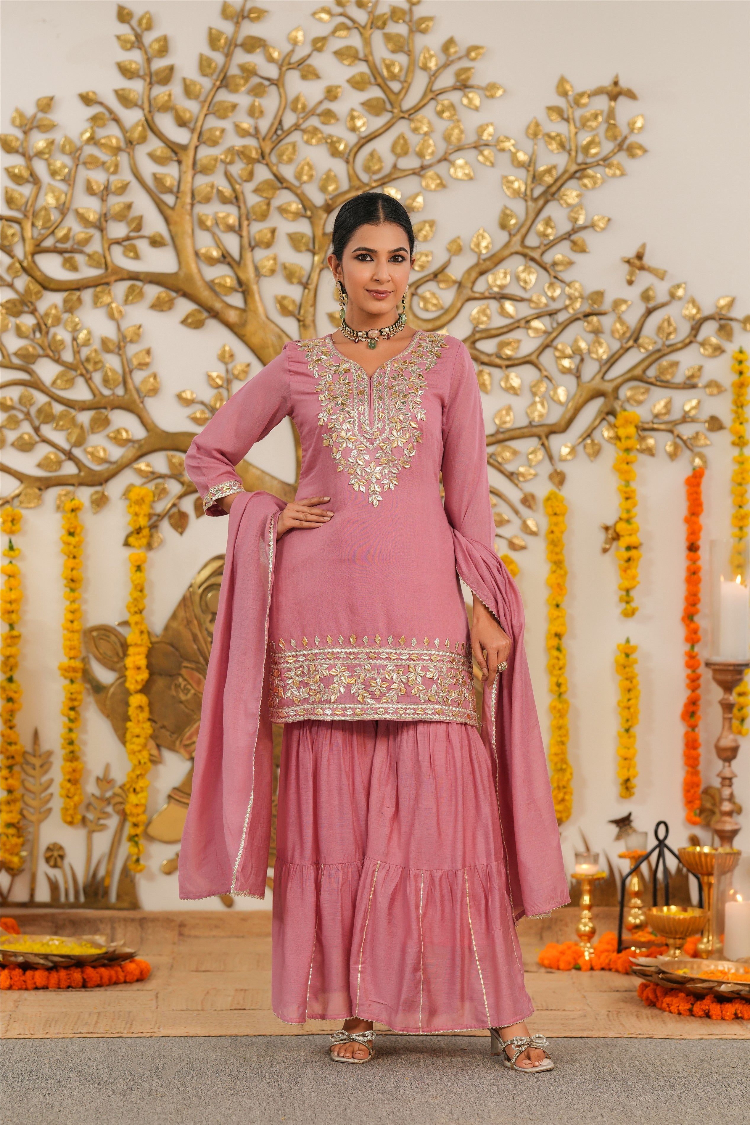Mauve Mul Chanderi Gota Work Sharara Set