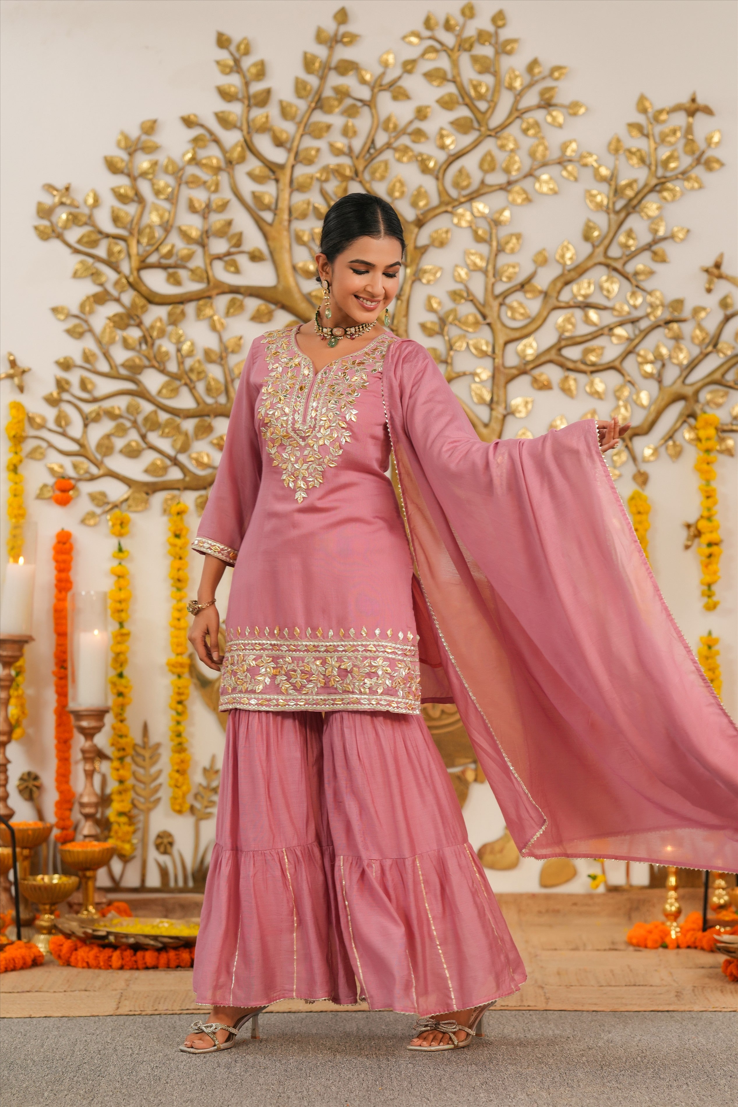 Mauve Mul Chanderi Gota Work Sharara Set