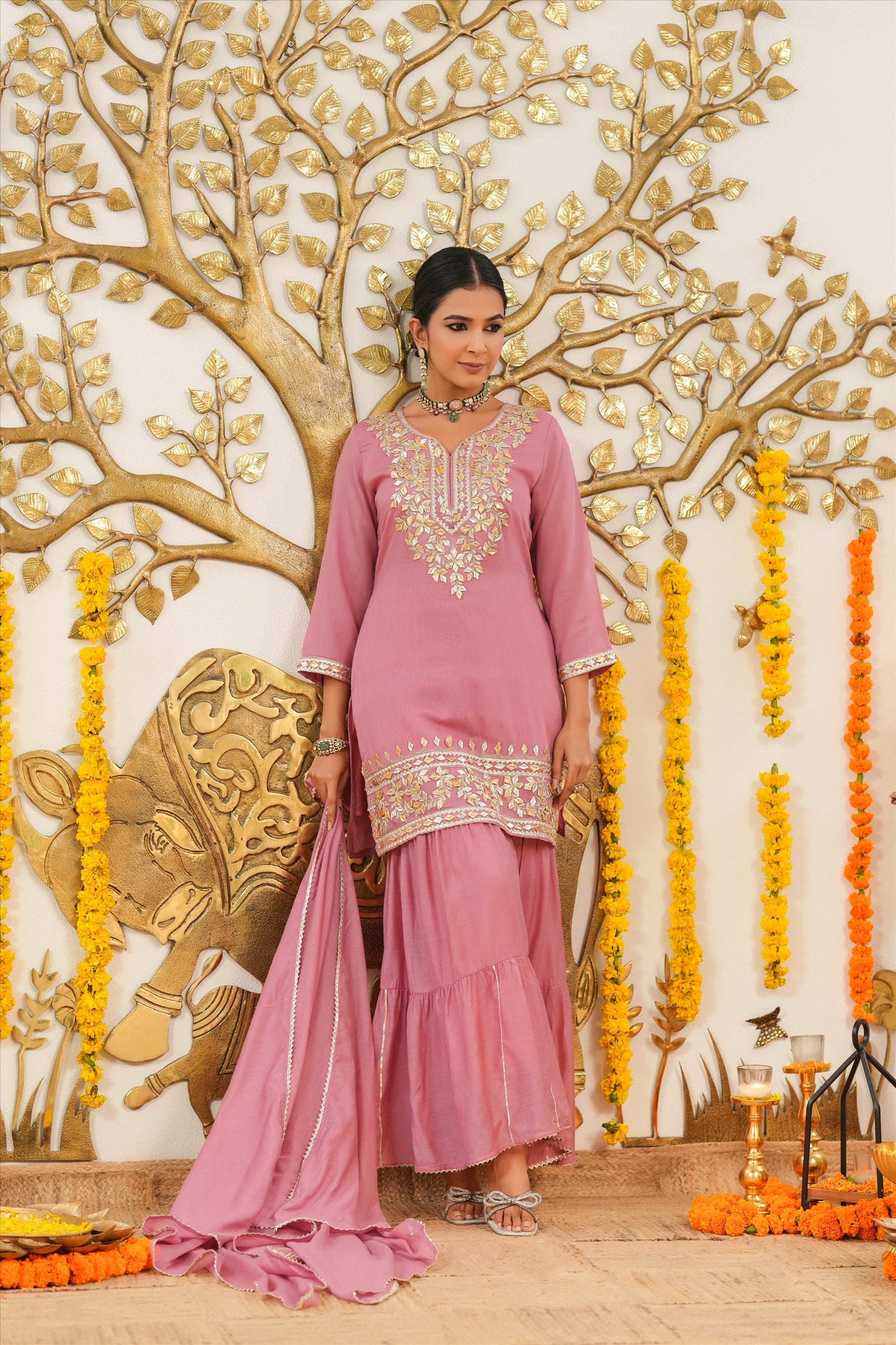 Mauve Mul Chanderi Gota Work Sharara Set