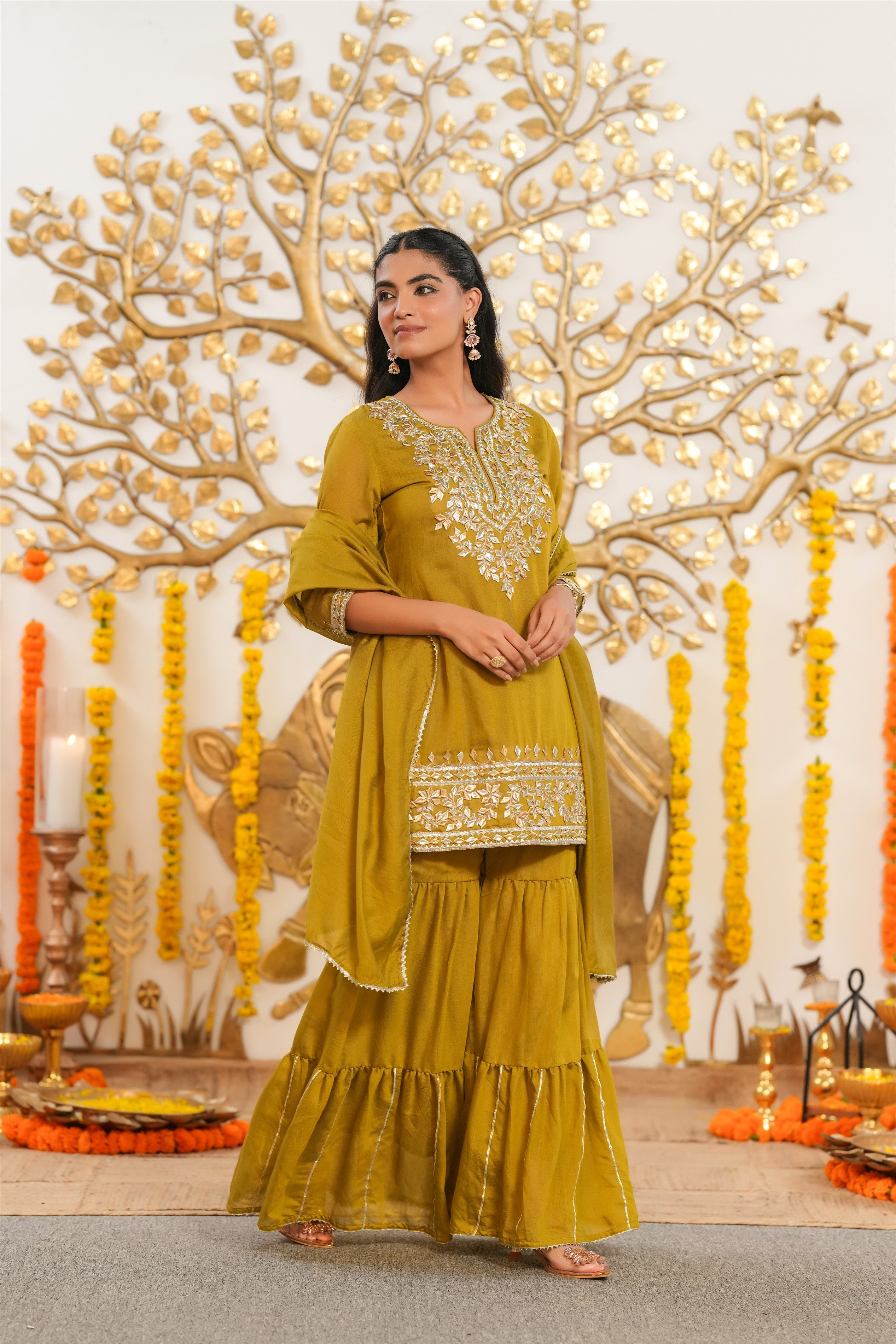 Olive Mul Chanderi Gota Work Sharara Set