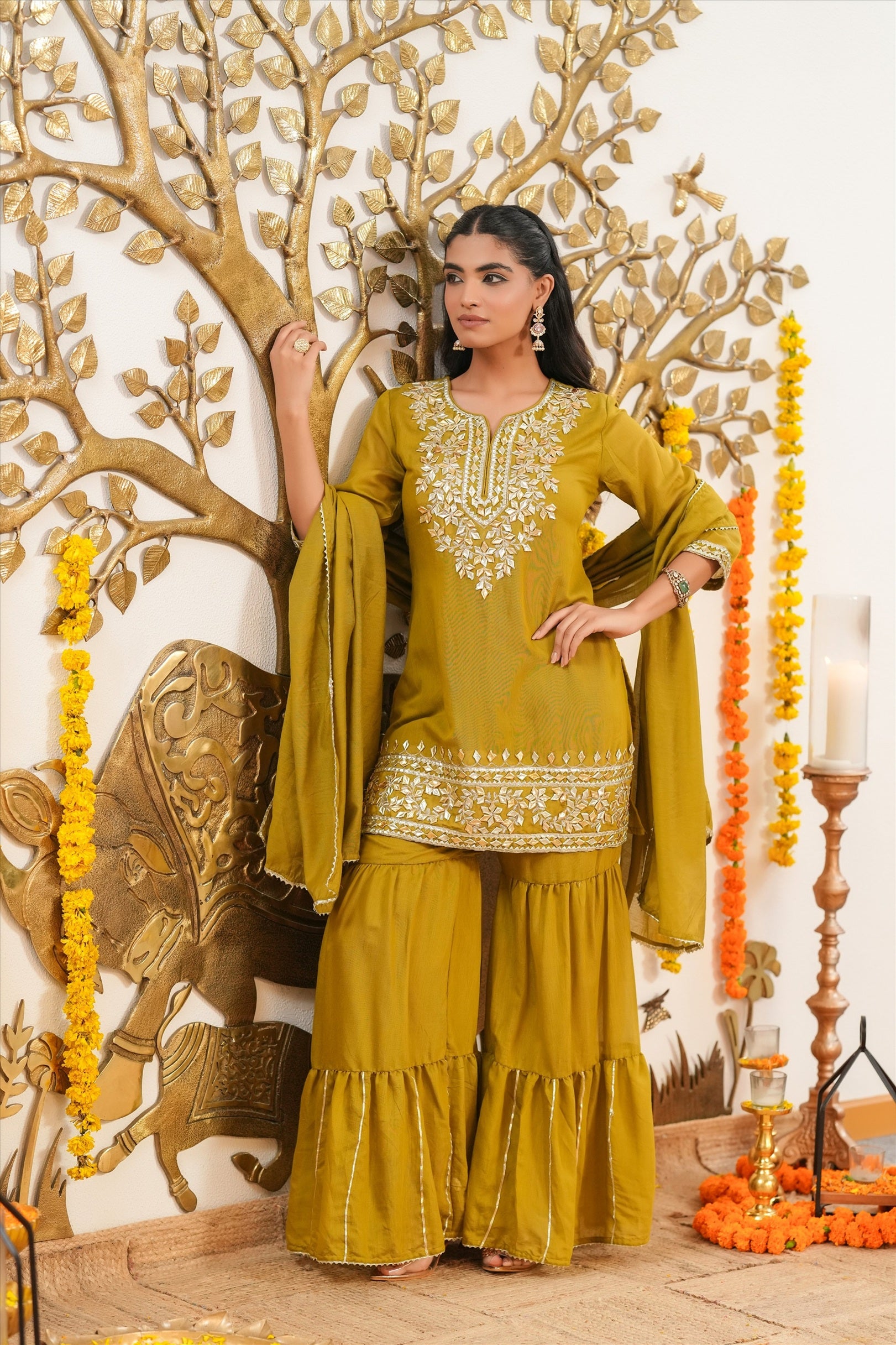 Olive Mul Chanderi Gota Work Sharara Set