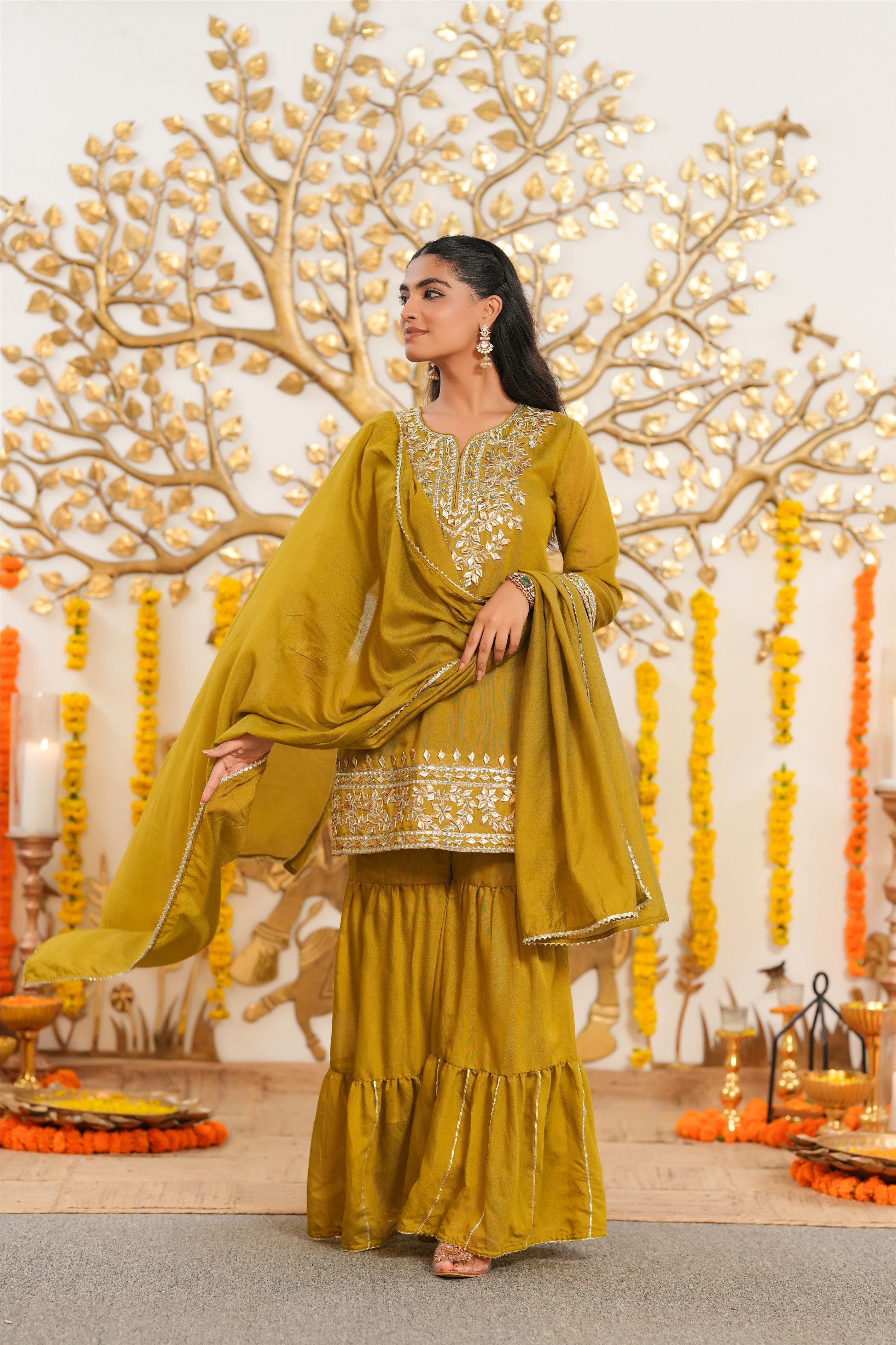 Olive Mul Chanderi Gota Work Sharara Set