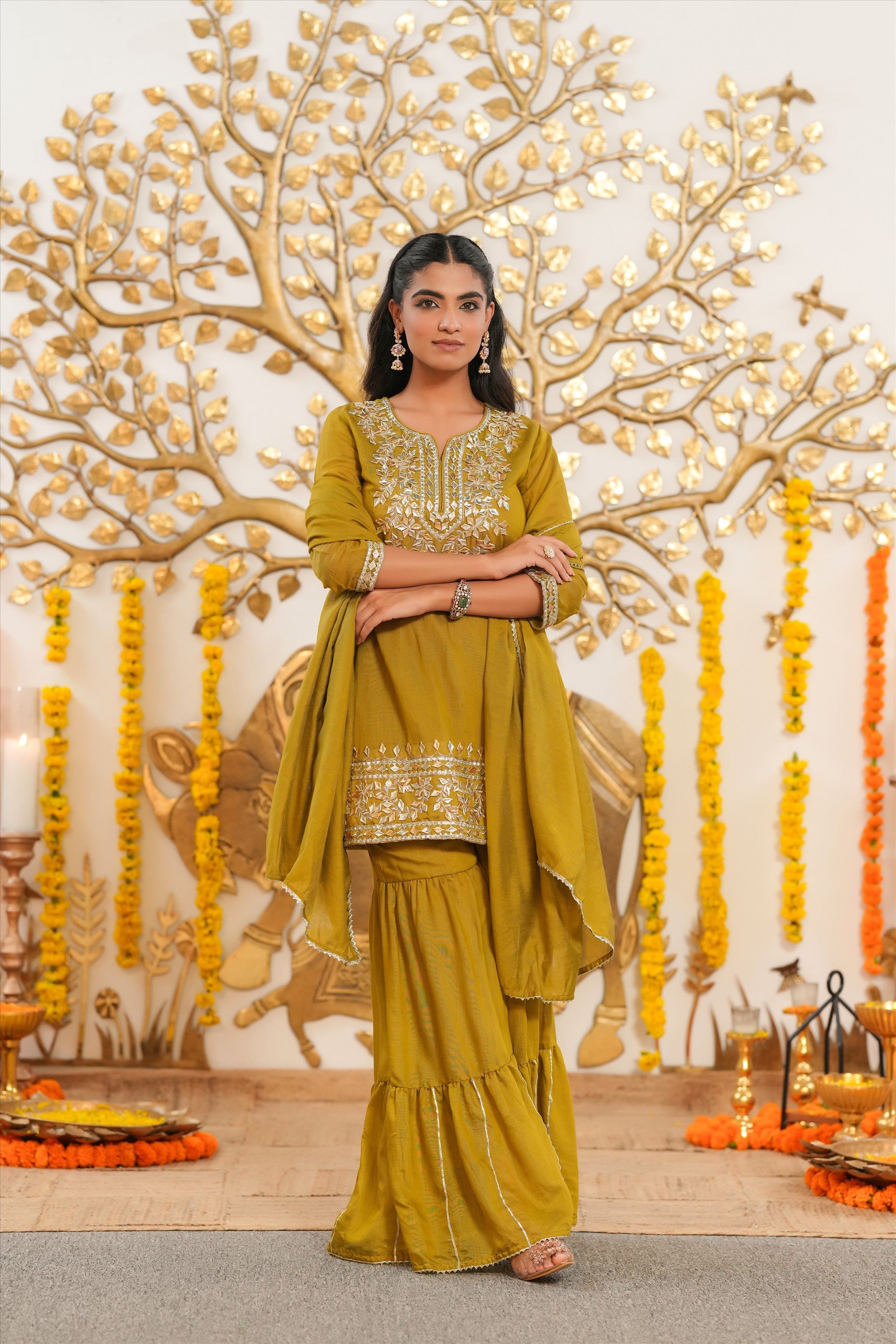 Olive Mul Chanderi Gota Work Sharara Set