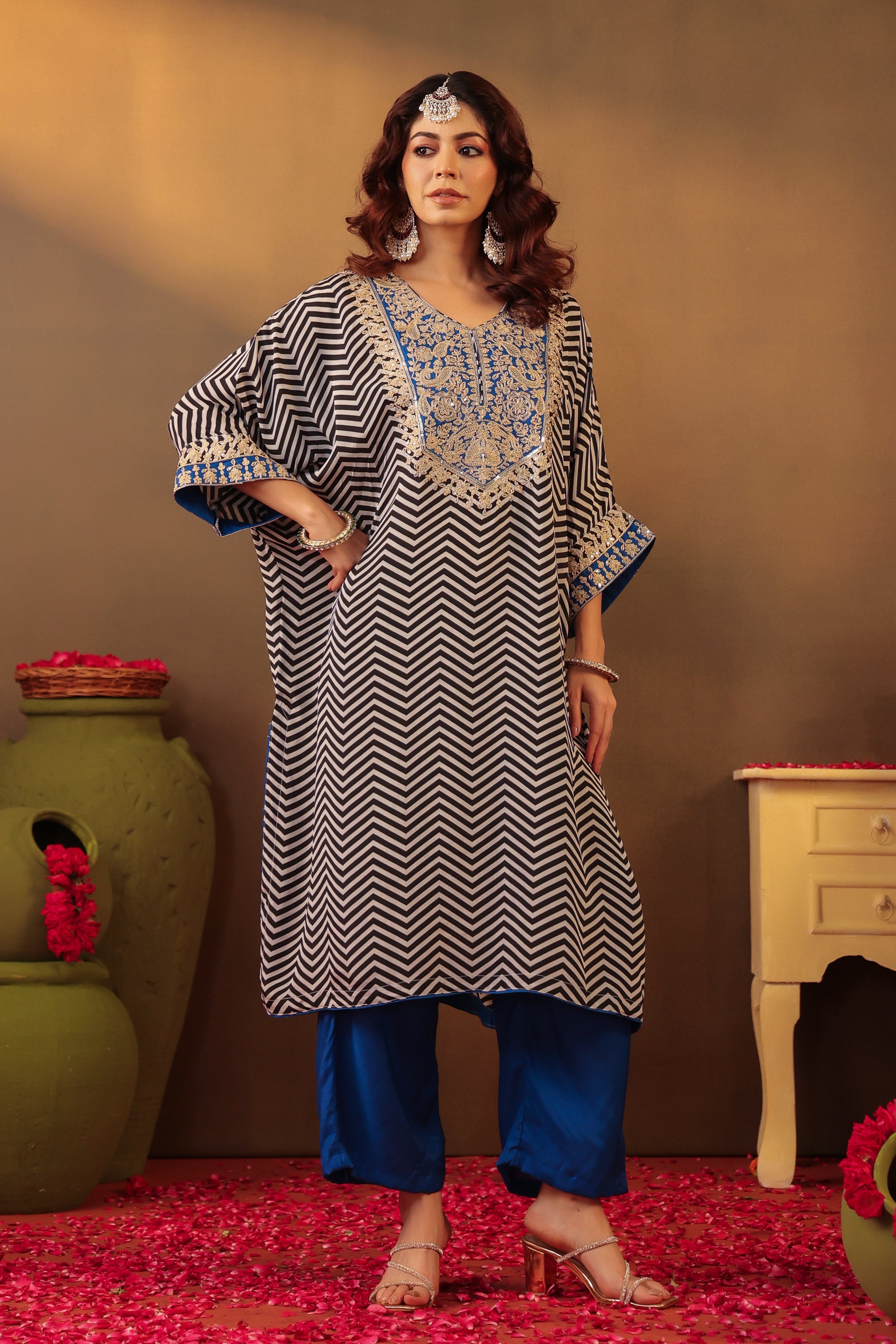 Chevron Printed Blue-Dori Embroidered Crepe Silk Kaftan Set