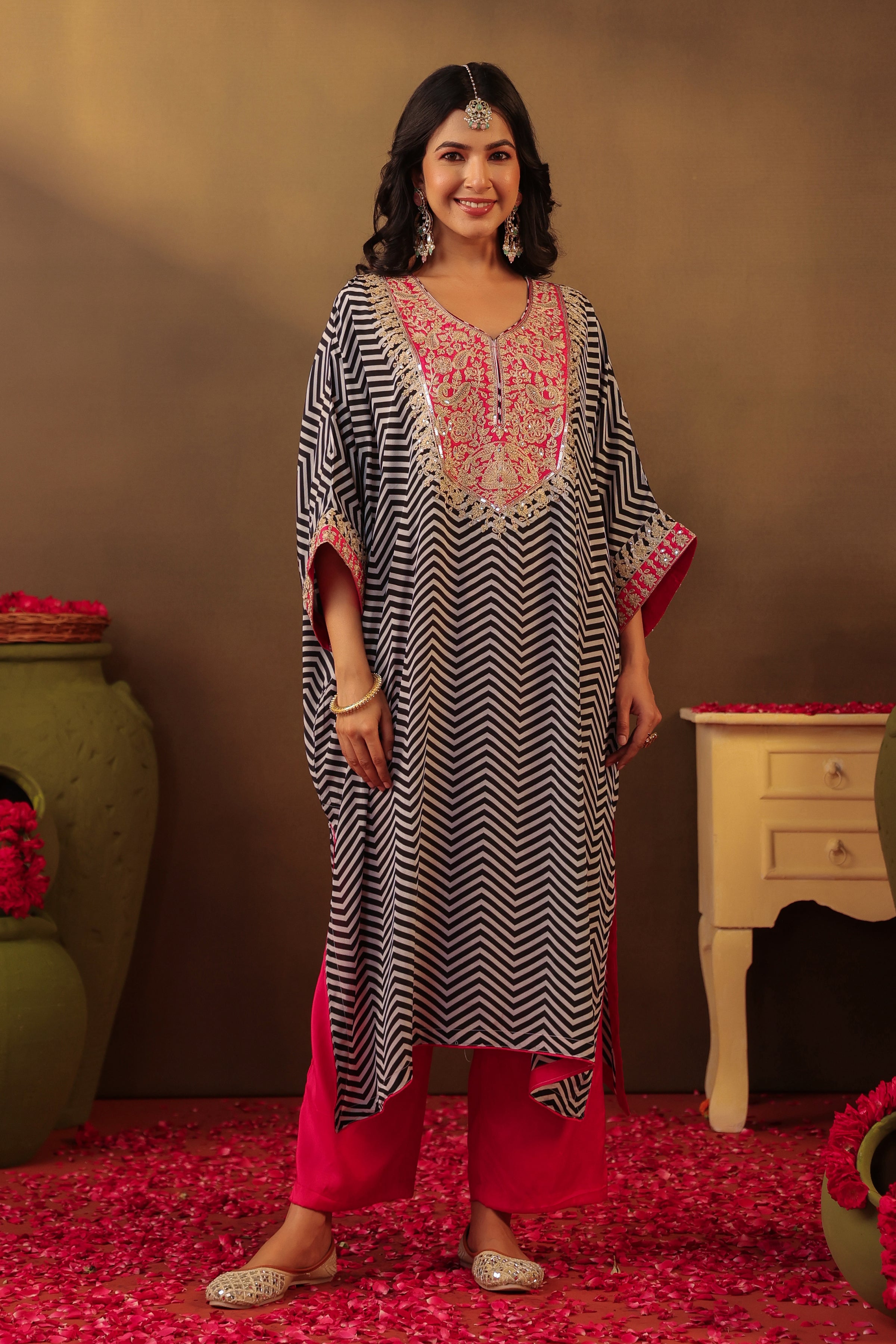 Chevron Printed Pink-Dori Embroidered Crepe Silk Kaftan Set