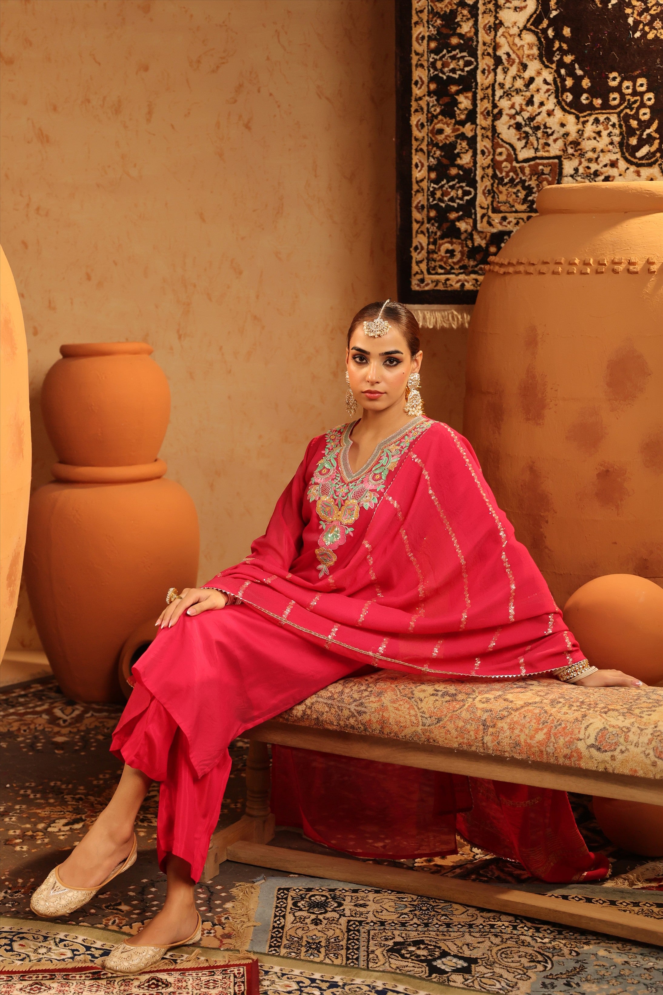 Fuchsia Mul Chanderi Embroidered Straight Suit Set