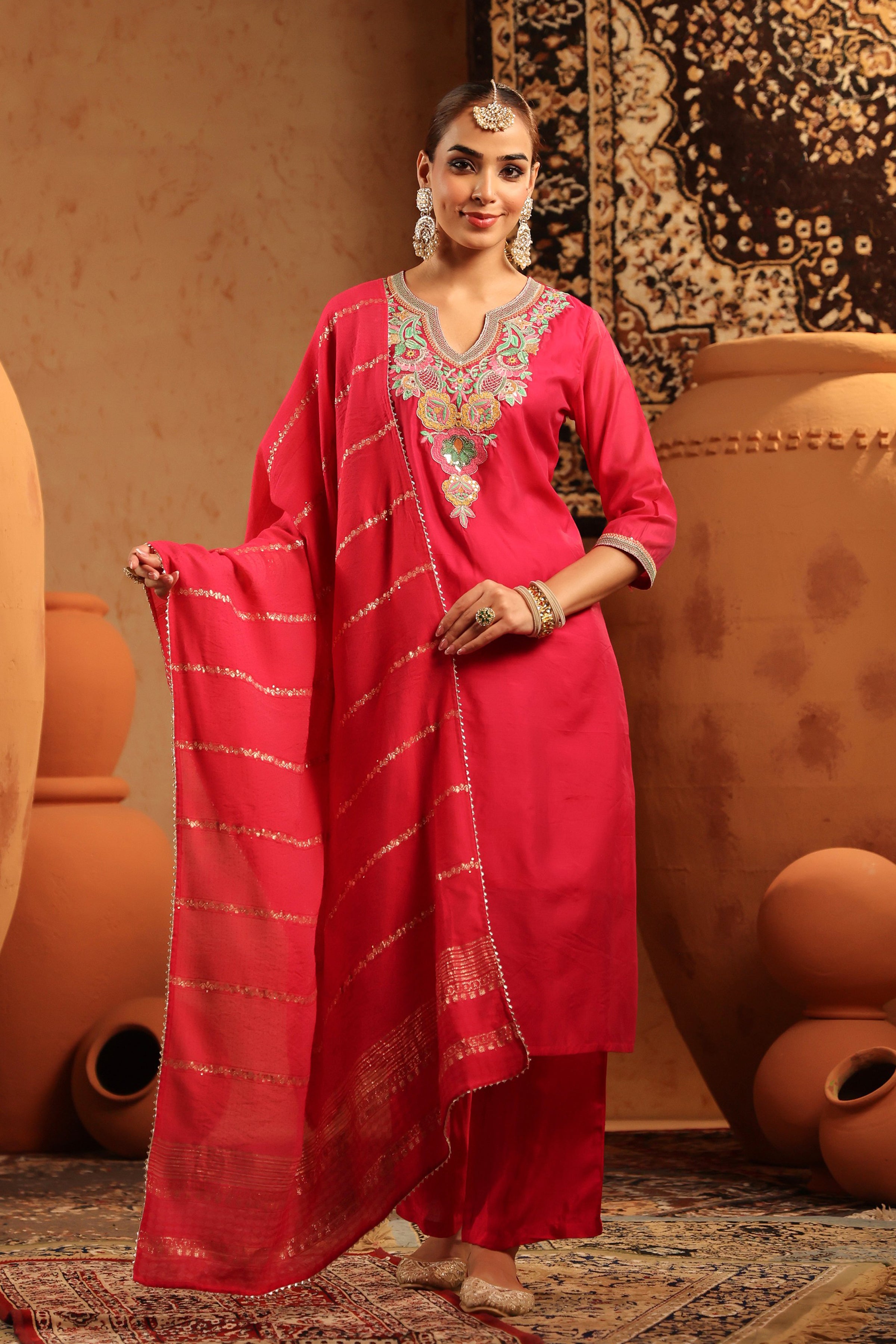 Fuchsia Mul Chanderi Embroidered Straight Suit Set