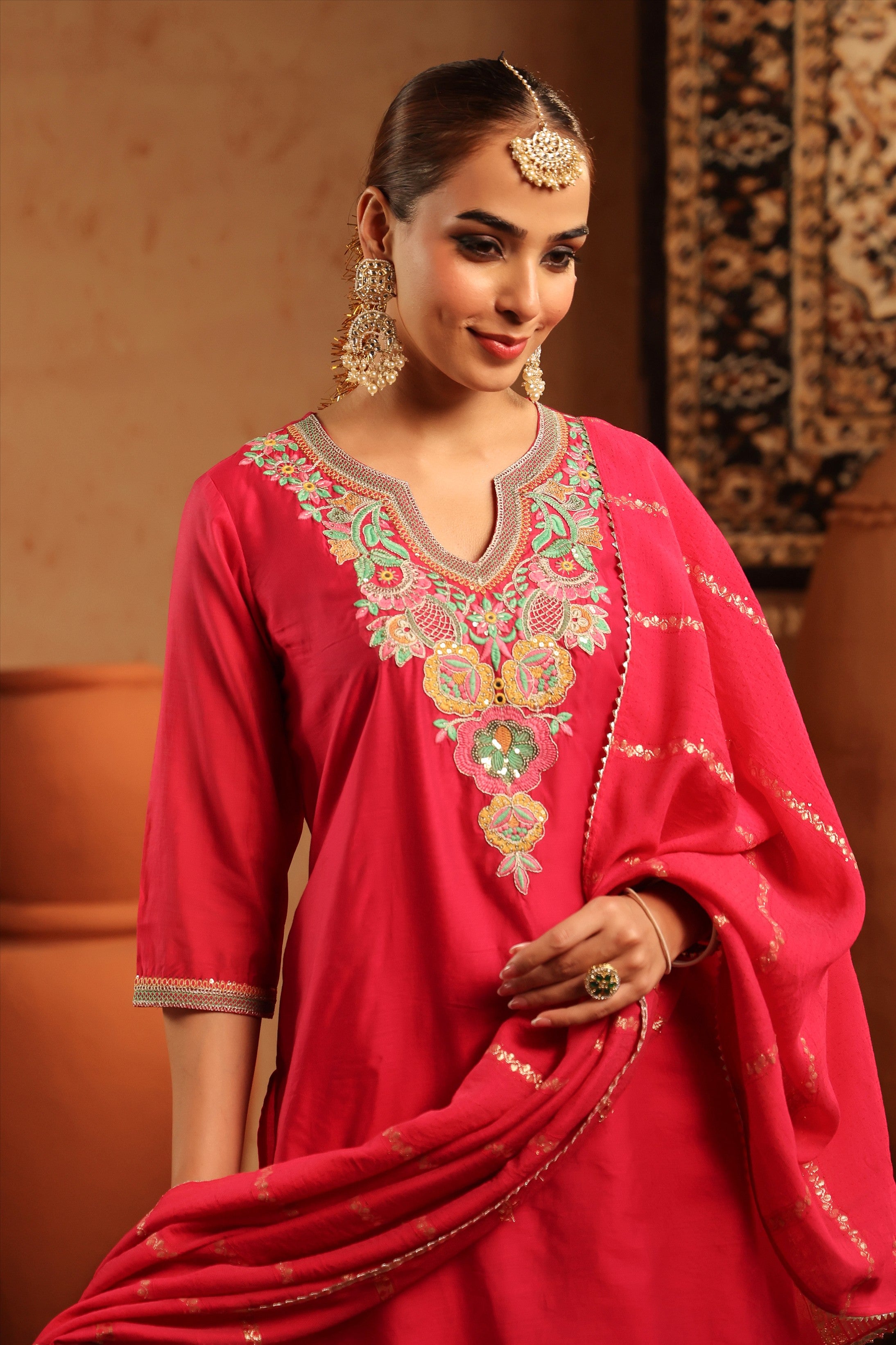 Fuchsia Mul Chanderi Embroidered Straight Suit Set