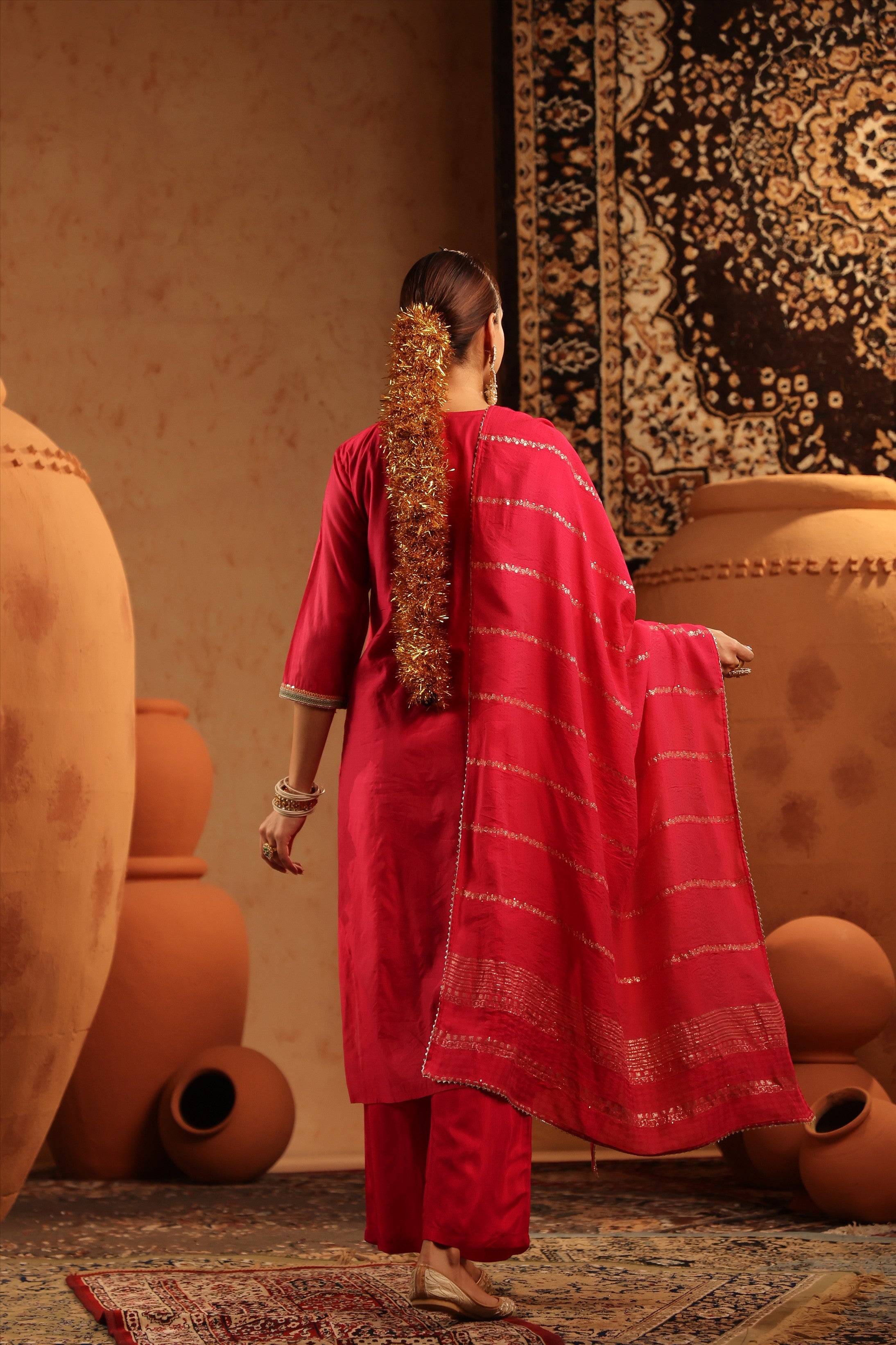 Fuchsia Mul Chanderi Embroidered Straight Suit Set