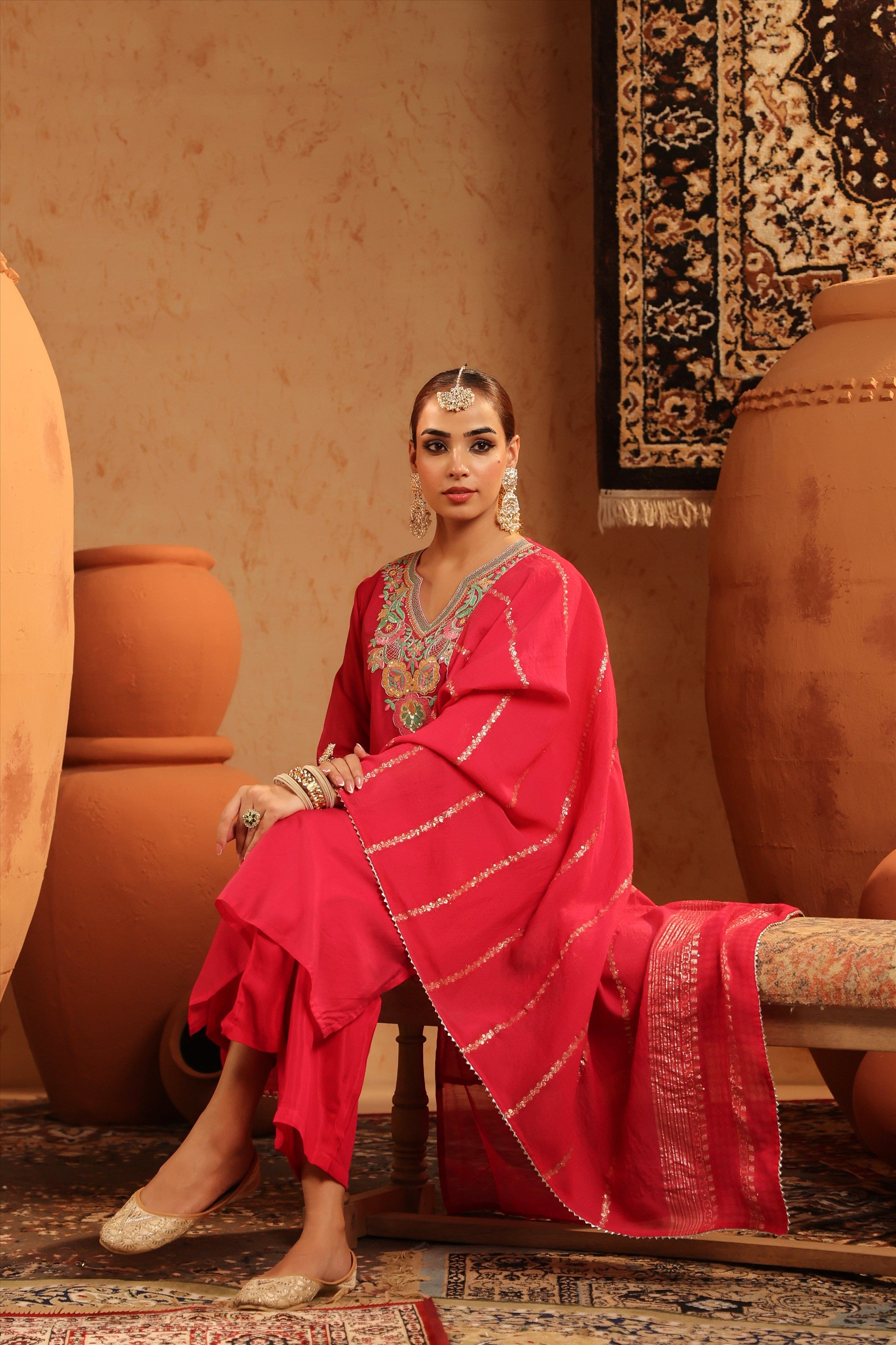 Fuchsia Mul Chanderi Embroidered Straight Suit Set