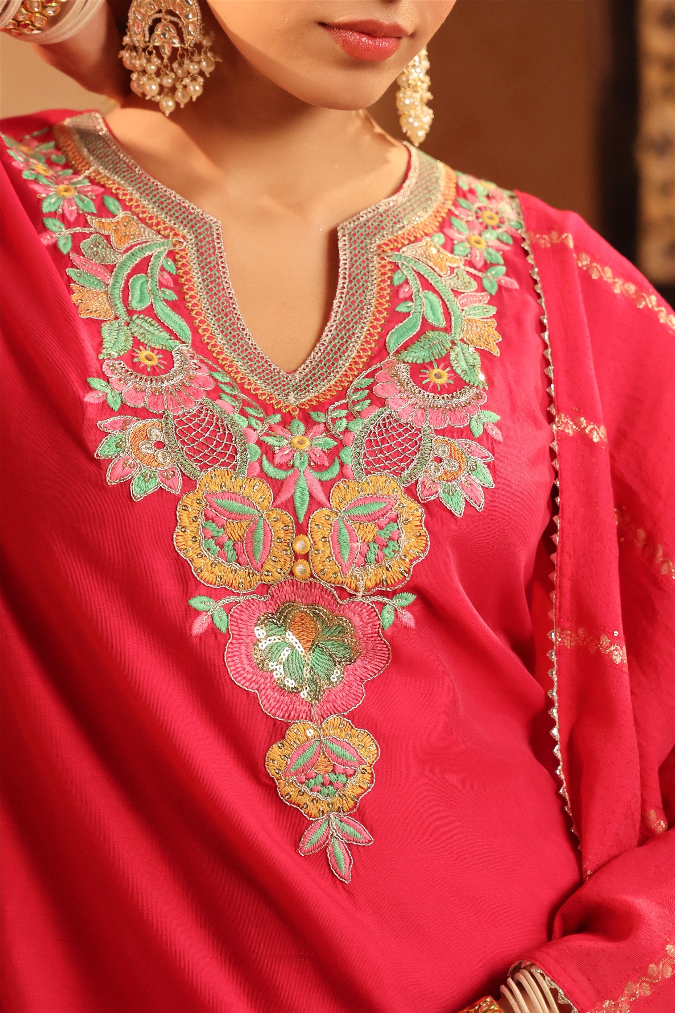 Fuchsia Mul Chanderi Embroidered Straight Suit Set