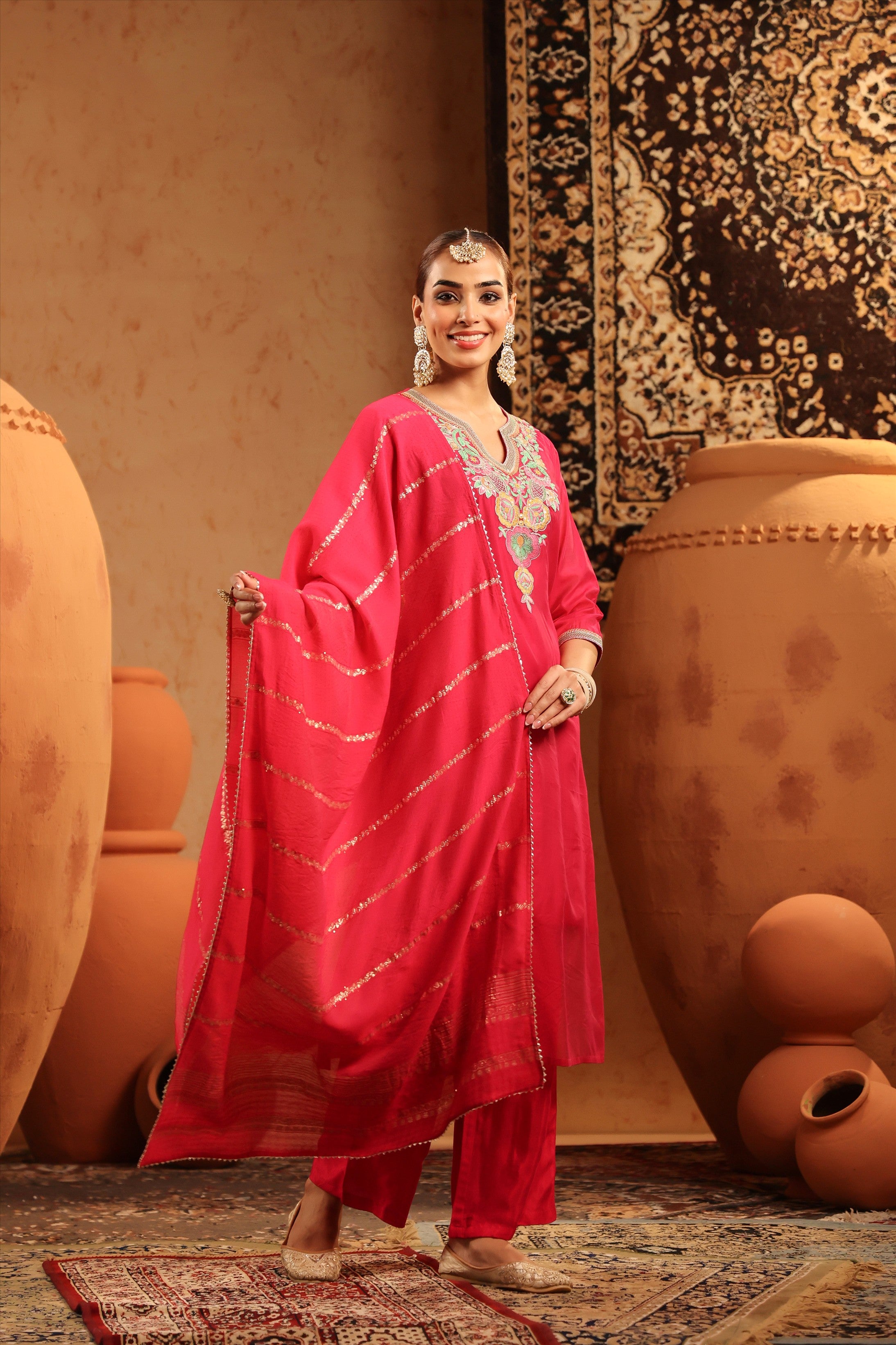 Fuchsia Mul Chanderi Embroidered Straight Suit Set